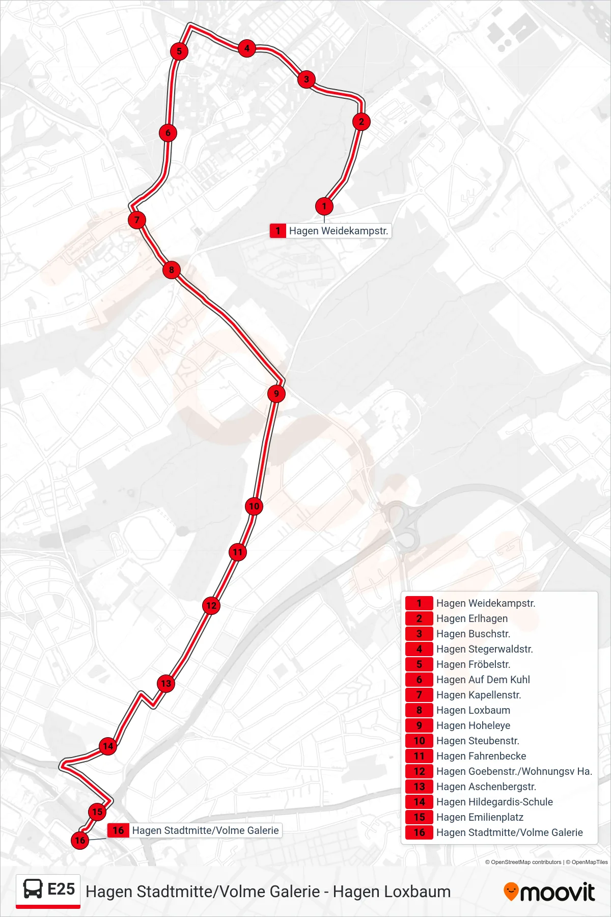 E25 bus Line (Hagen Stadtmitte/Volme Galerie) route and stops on a map