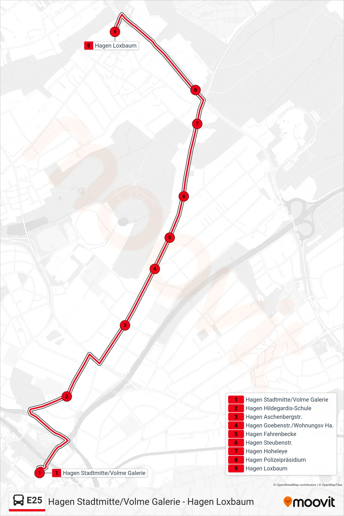 Linie E25 (Bus) Richtung Hagen Loxbaum: Route und Haltestellen auf der Karte