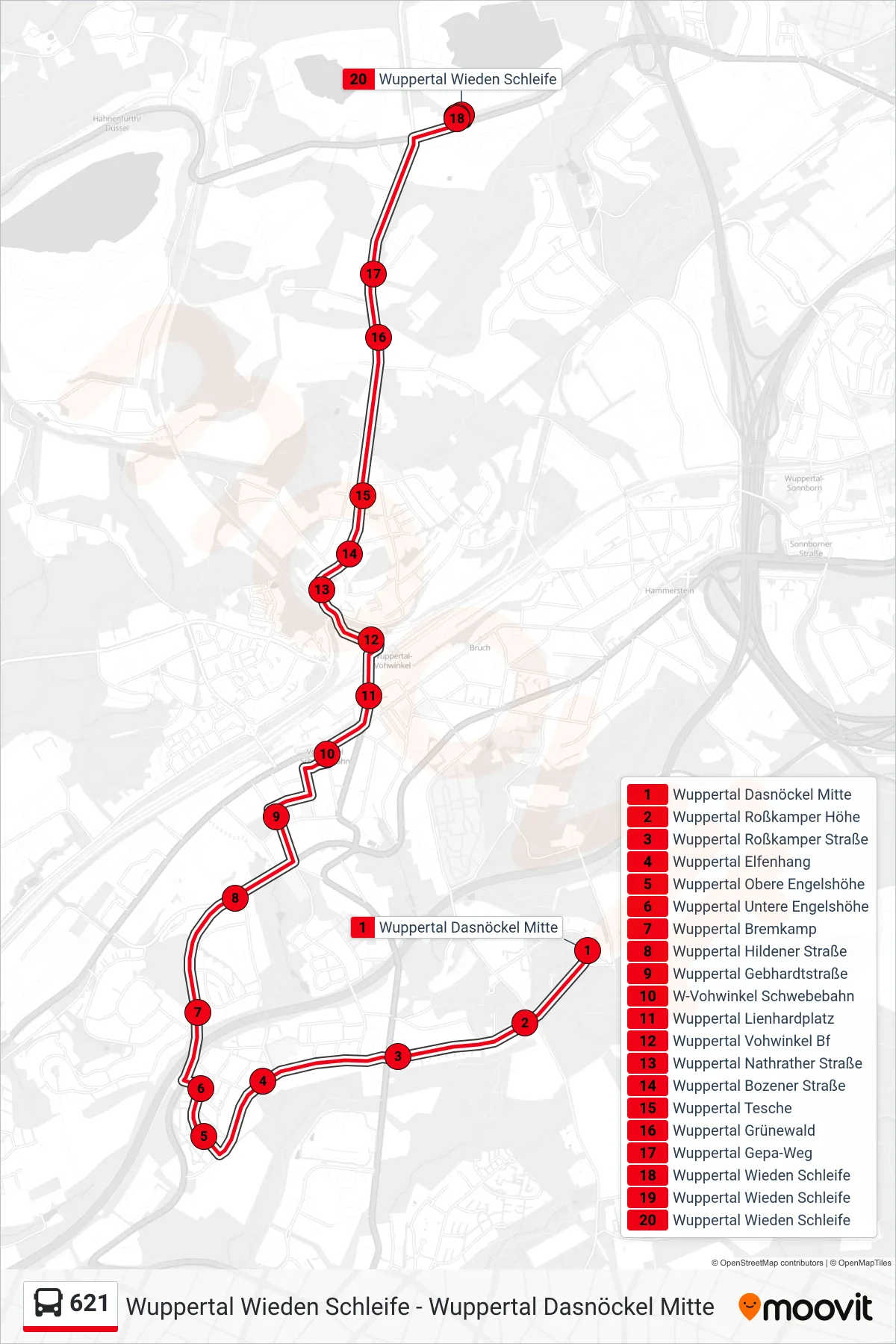 Linie 621 (Bus) Richtung Wuppertal Wieden Schleife: Route und Haltestellen auf der Karte