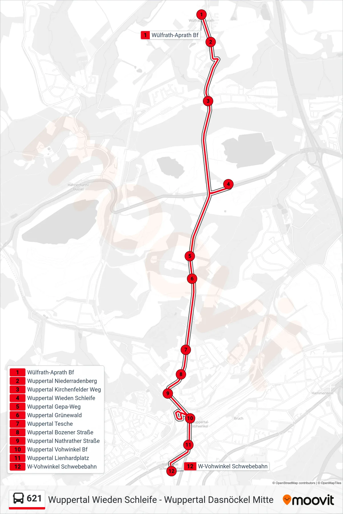 Linie 621 (Bus) Richtung W-Vohwinkel Schwebebahn: Route und Haltestellen auf der Karte