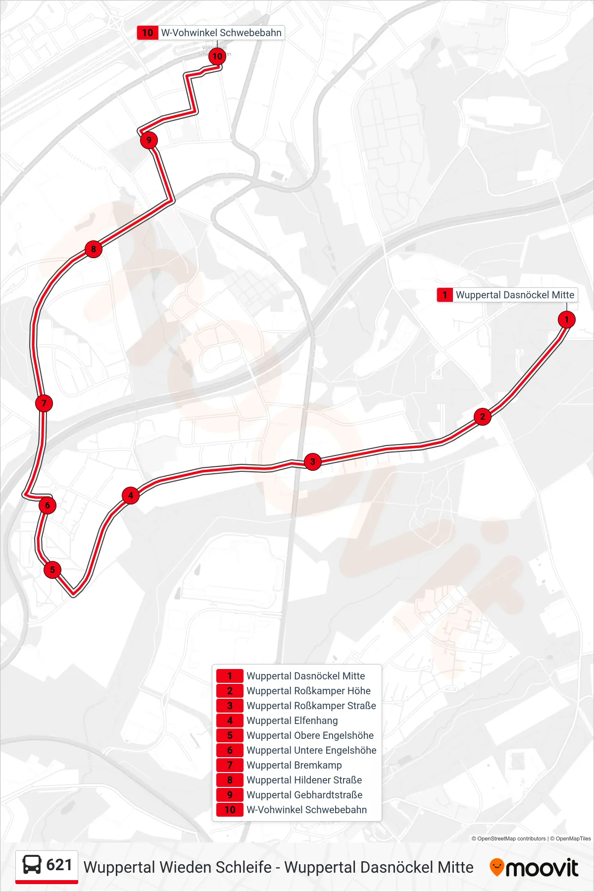 Linie 621 (Bus) Richtung W-Vohwinkel Schwebebahn: Route und Haltestellen auf der Karte