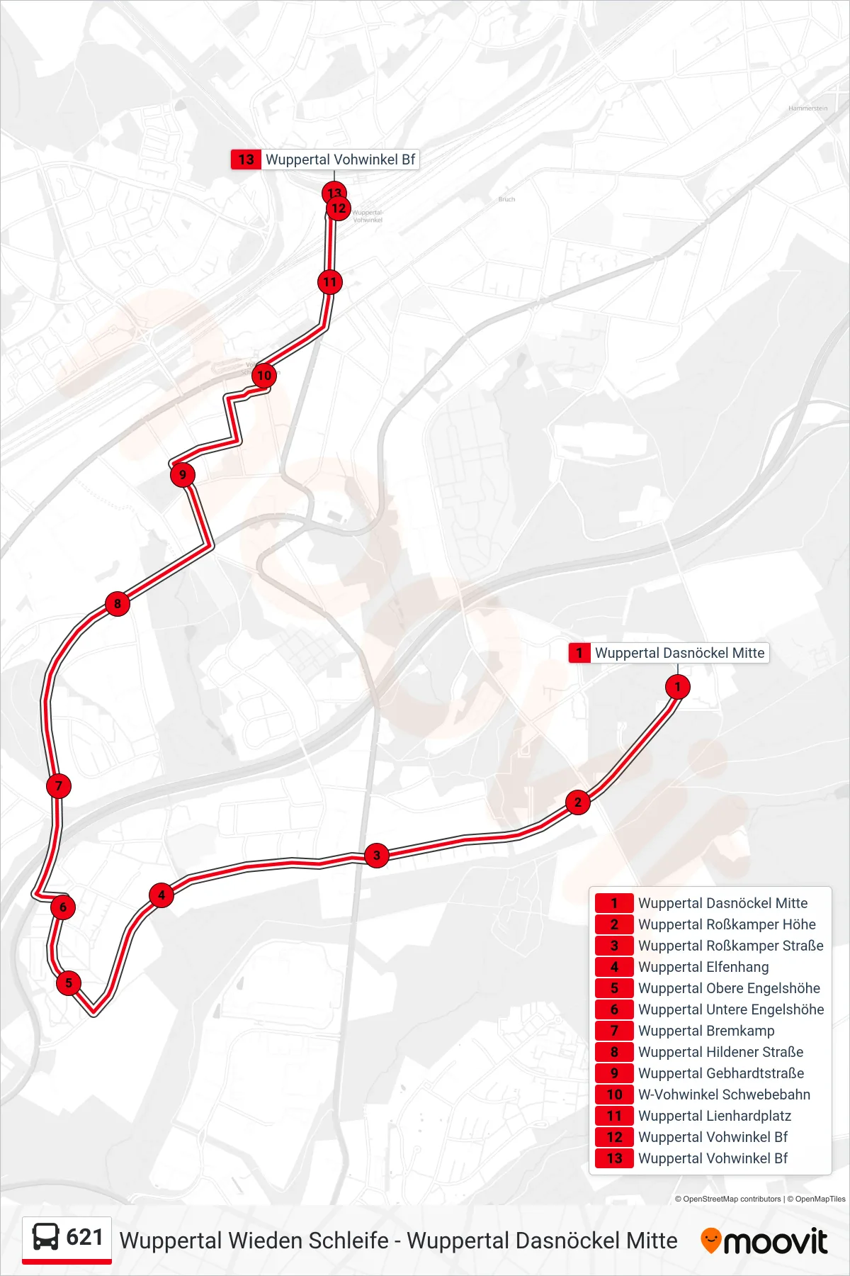 Linie 621 (Bus) Richtung Wuppertal Vohwinkel Bf: Route und Haltestellen auf der Karte