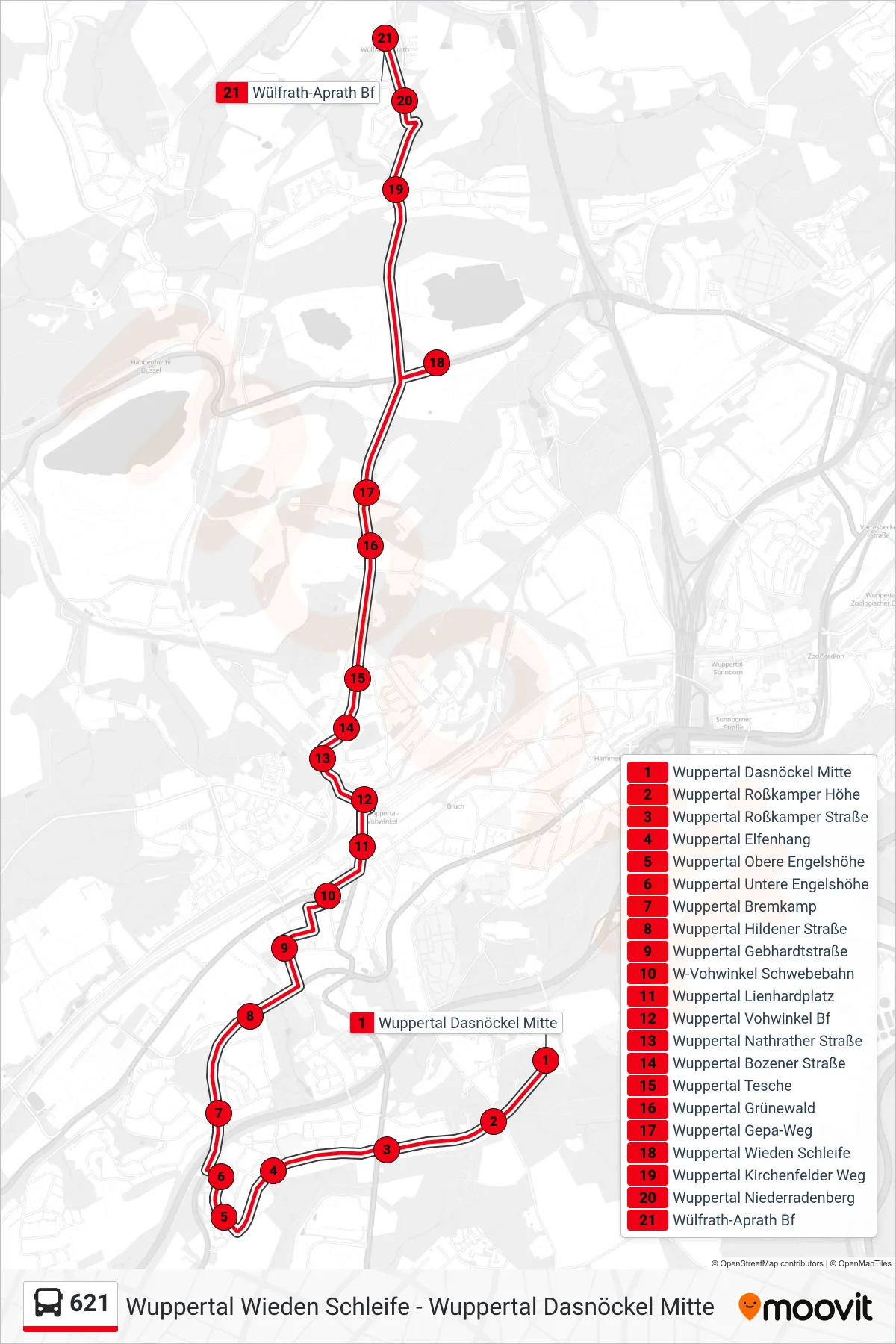 Linie 621 (Bus) Richtung Wülfrath-Aprath Bf: Route und Haltestellen auf der Karte