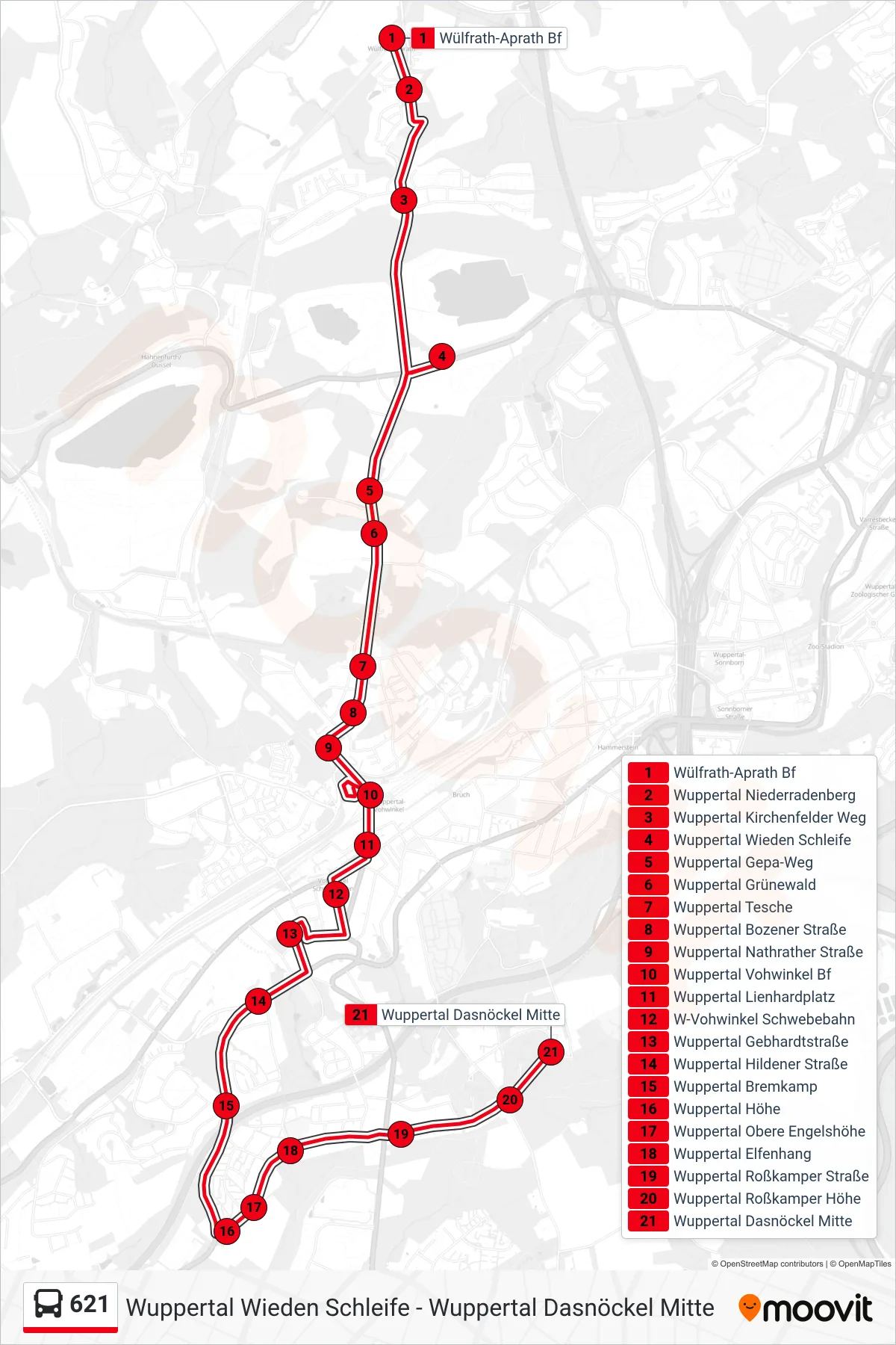 Linie 621 (Bus) Richtung Wuppertal Dasnöckel Mitte: Route und Haltestellen auf der Karte