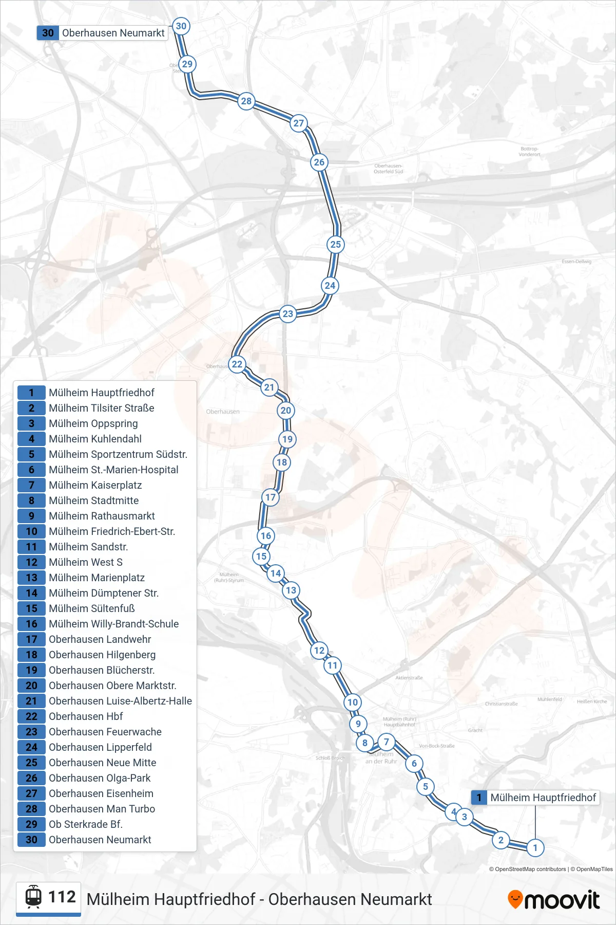 Linie 112 (Tram) Richtung Oberhausen Neumarkt: Route und Haltestellen auf der Karte