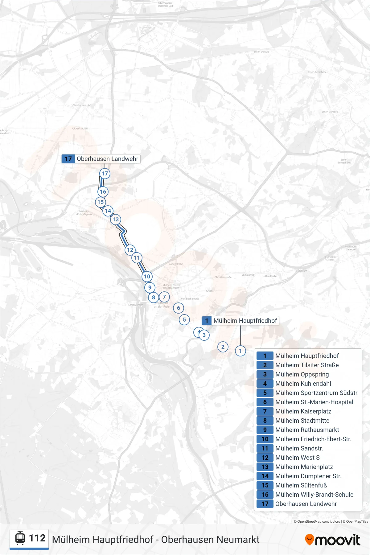 Linie 112 (Straßenbahn) Richtung Oberhausen Landwehr: Route und Haltestellen auf der Karte