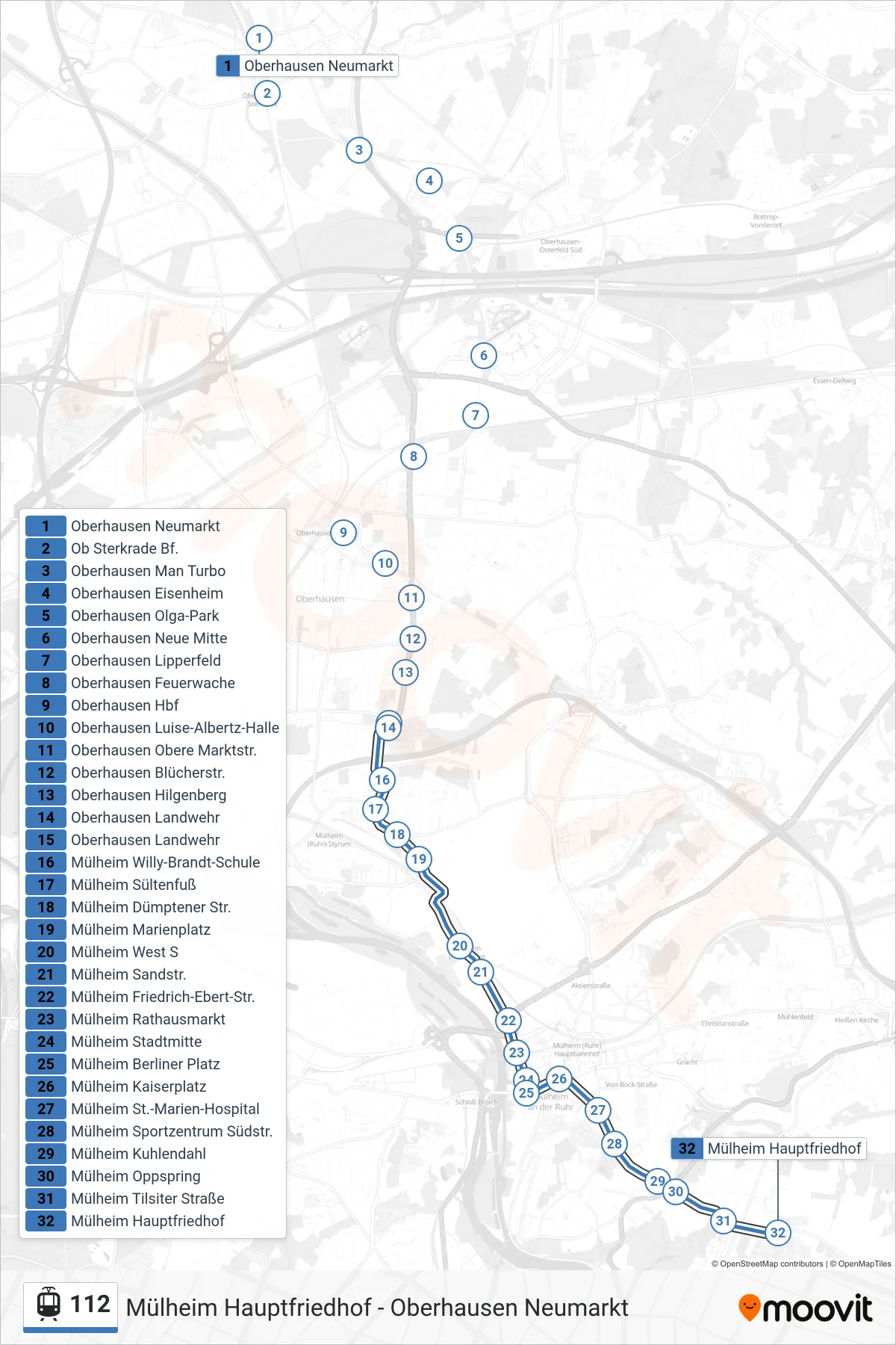 Linie 112 (Straßenbahn) Richtung Mülheim Hauptfriedhof: Route und Haltestellen auf der Karte