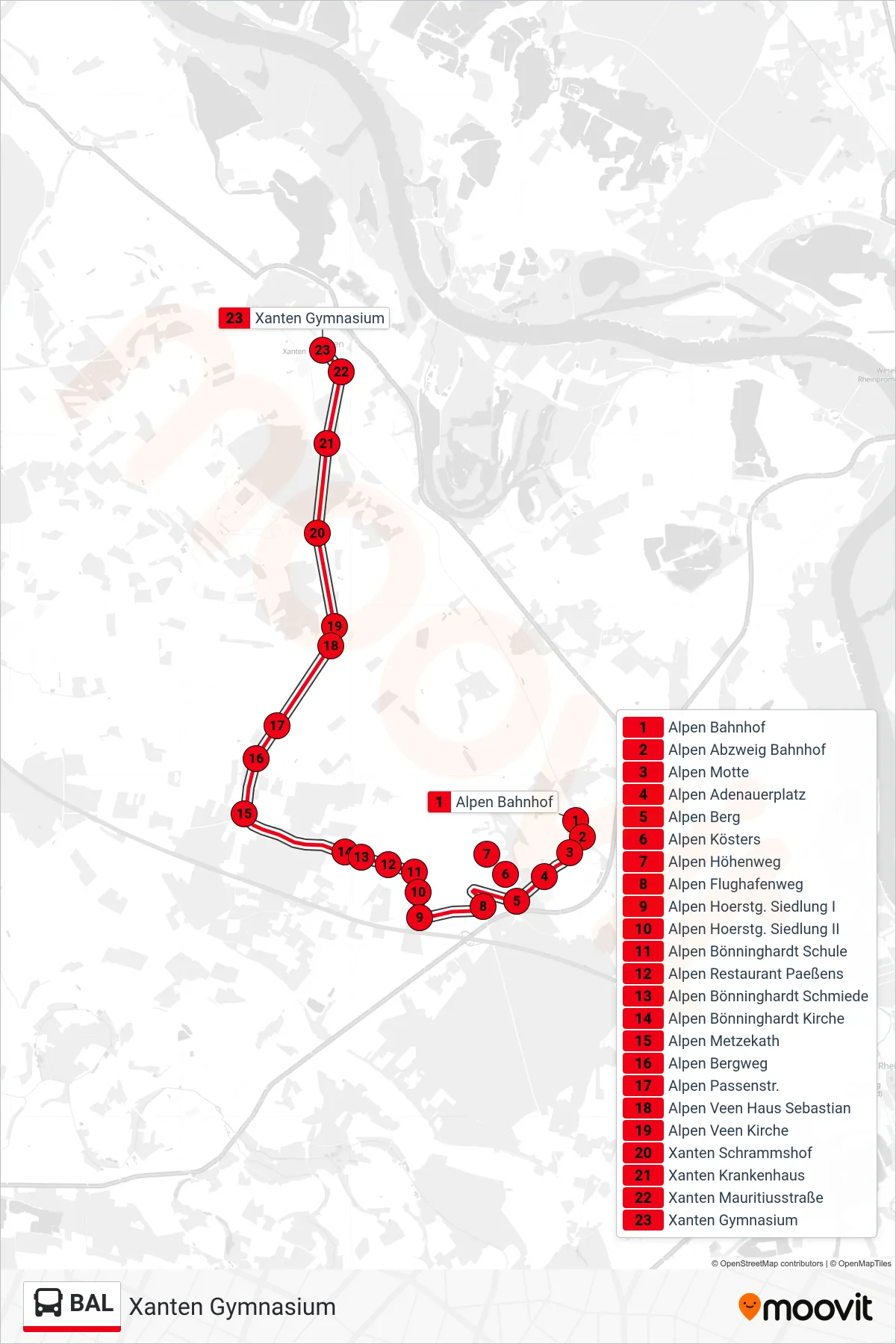 Linie BAL (Bus) Richtung Xanten Gymnasium: Route und Haltestellen auf der Karte