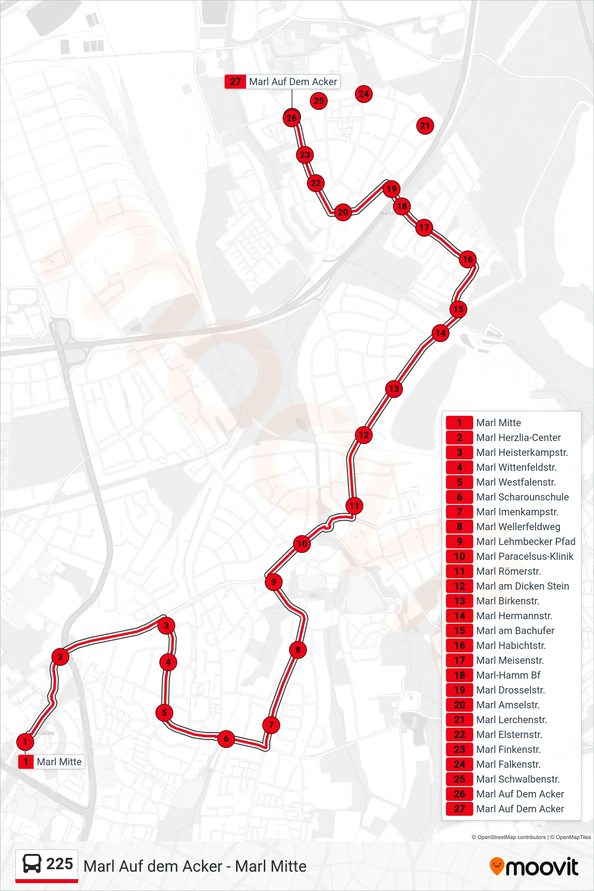 225 bus Line (Marl Auf Dem Acker) route and stops on a map