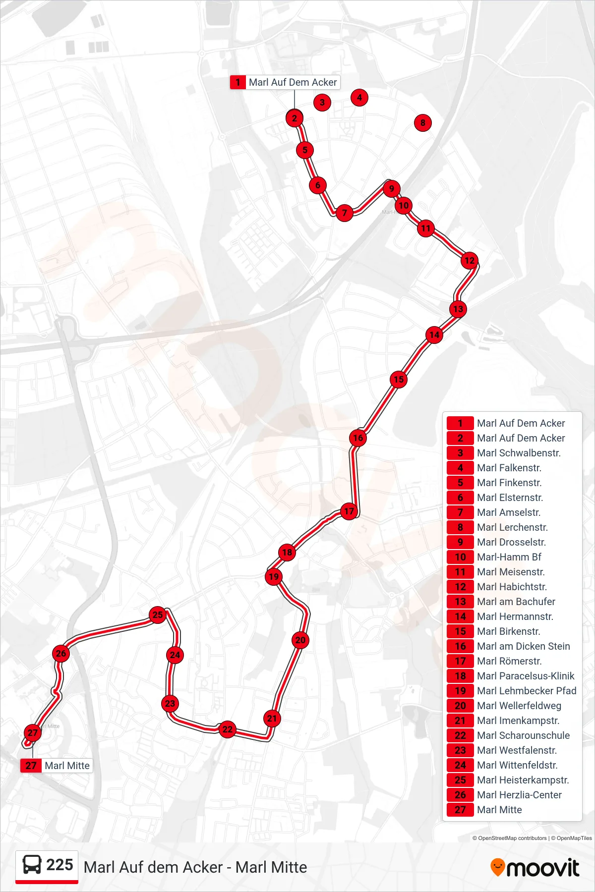 Linie 225 (Bus) Richtung Marl Mitte: Route und Haltestellen auf der Karte