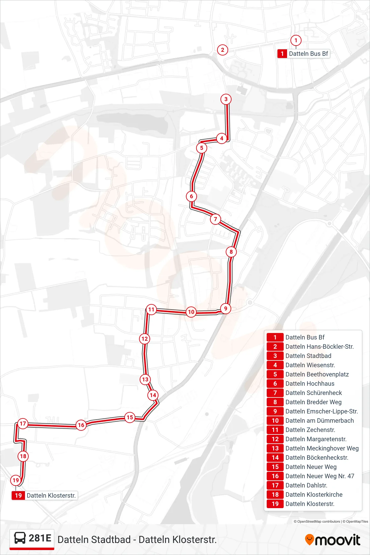 281E bus Line (Datteln Klosterstr.) route and stops on a map