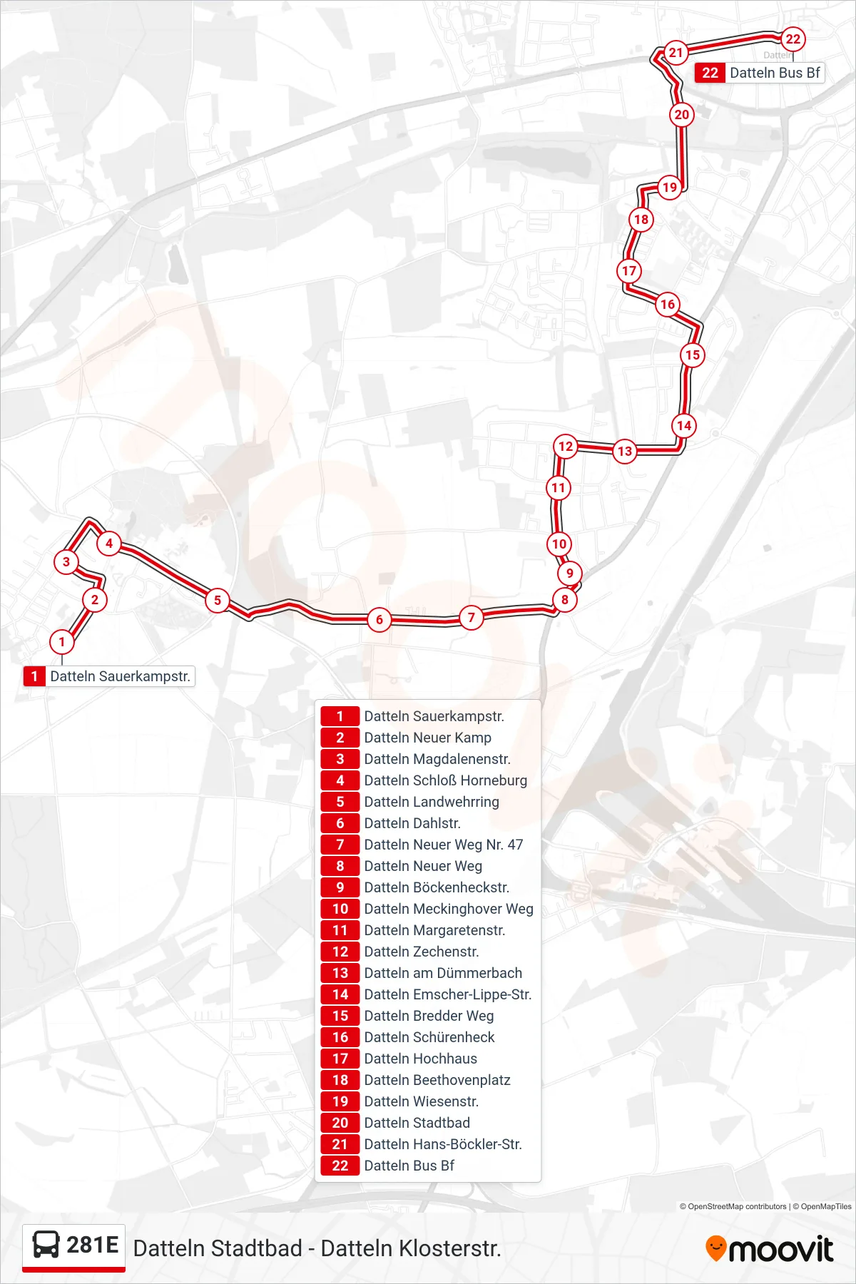 Linie 281E (Bus) Richtung Datteln Bus Bf: Route und Haltestellen auf der Karte