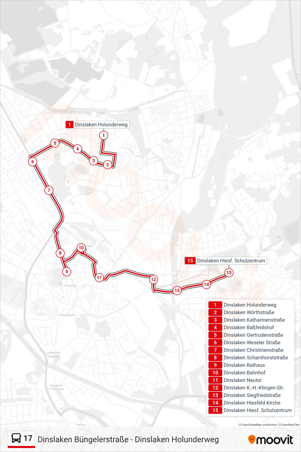 Linie 17 (Bus) Richtung Dinslaken Hiesf. Schulzentrum: Route und Haltestellen auf der Karte
