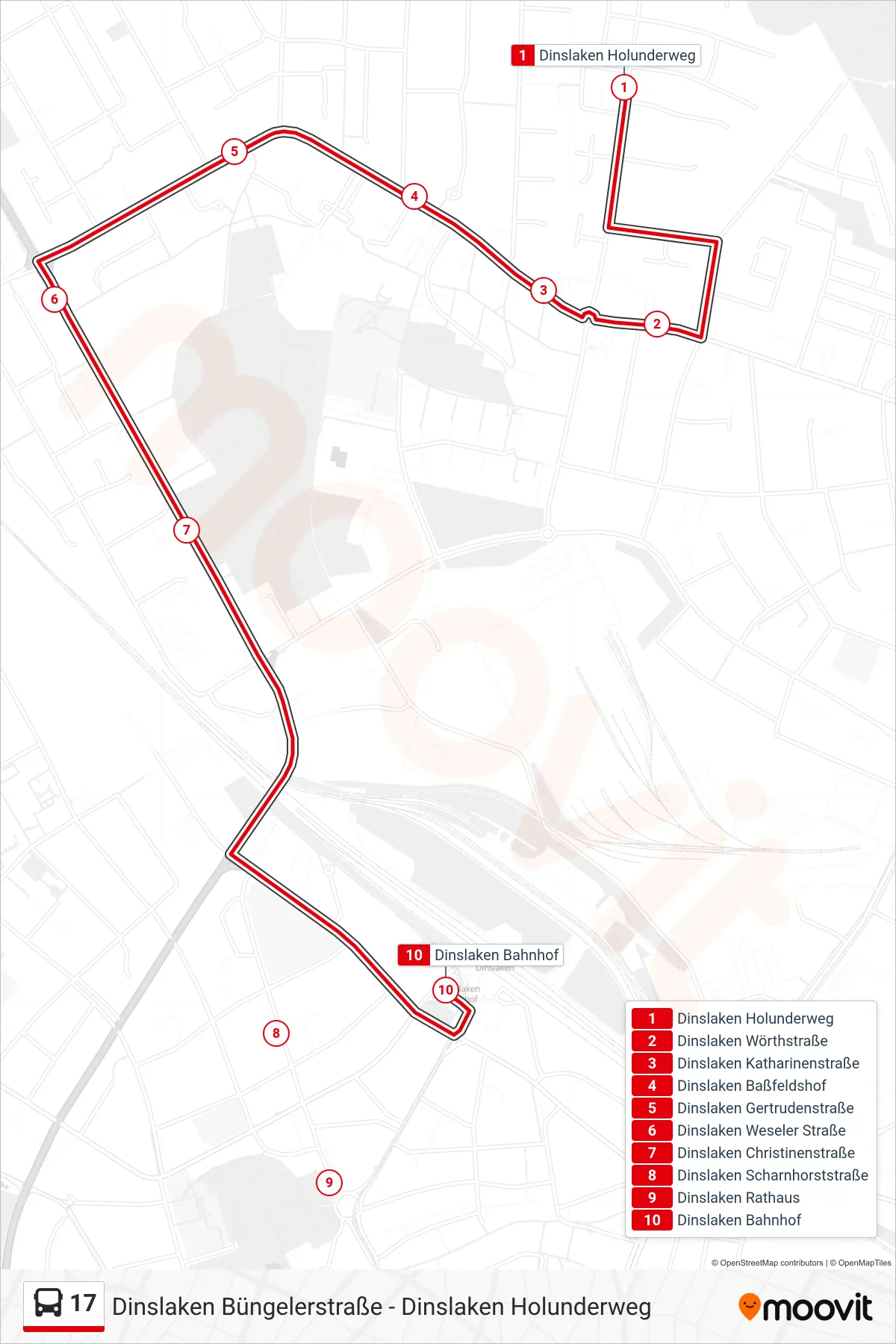 Linie 17 (Bus) Richtung Dinslaken Bahnhof: Route und Haltestellen auf der Karte