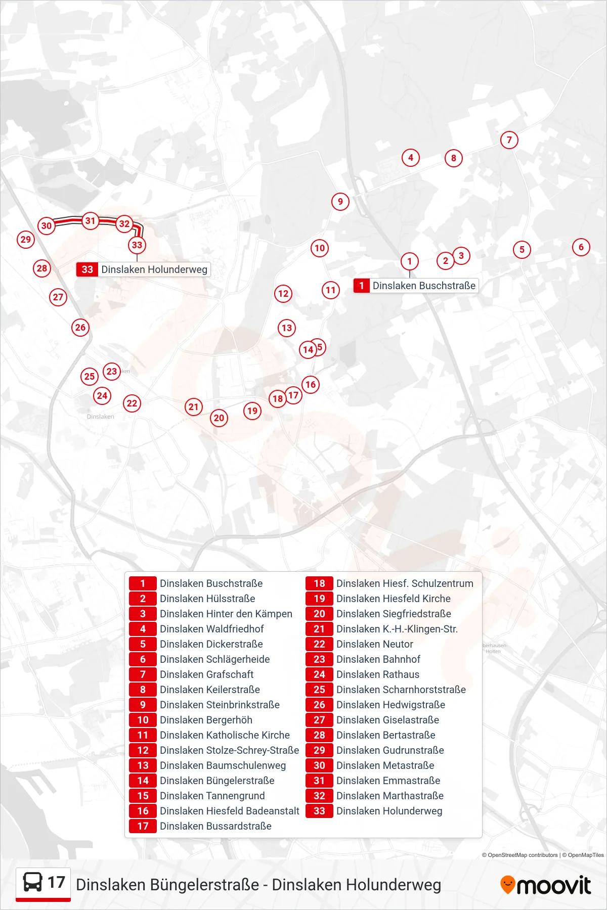 17 bus Line (Dinslaken Holunderweg) route and stops on a map
