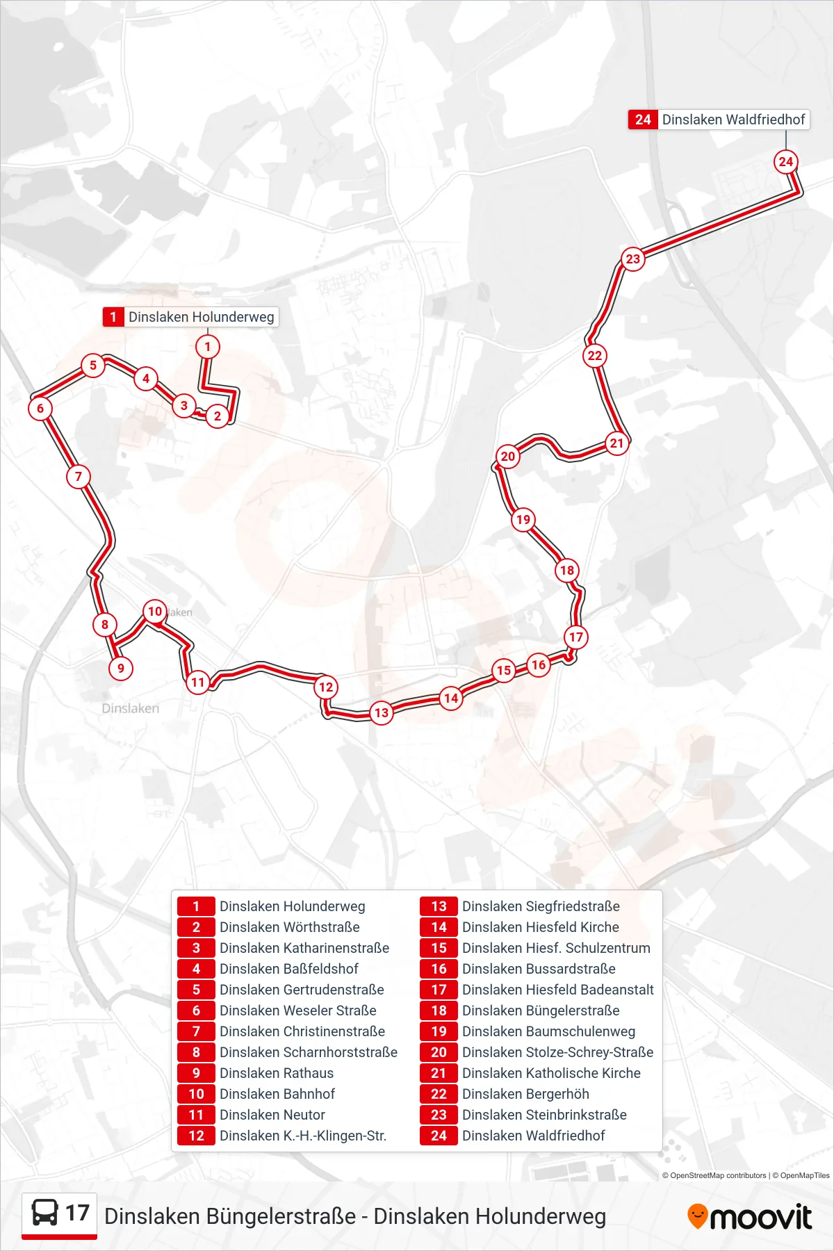 Linie 17 (Bus) Richtung Dinslaken Waldfriedhof: Route und Haltestellen auf der Karte