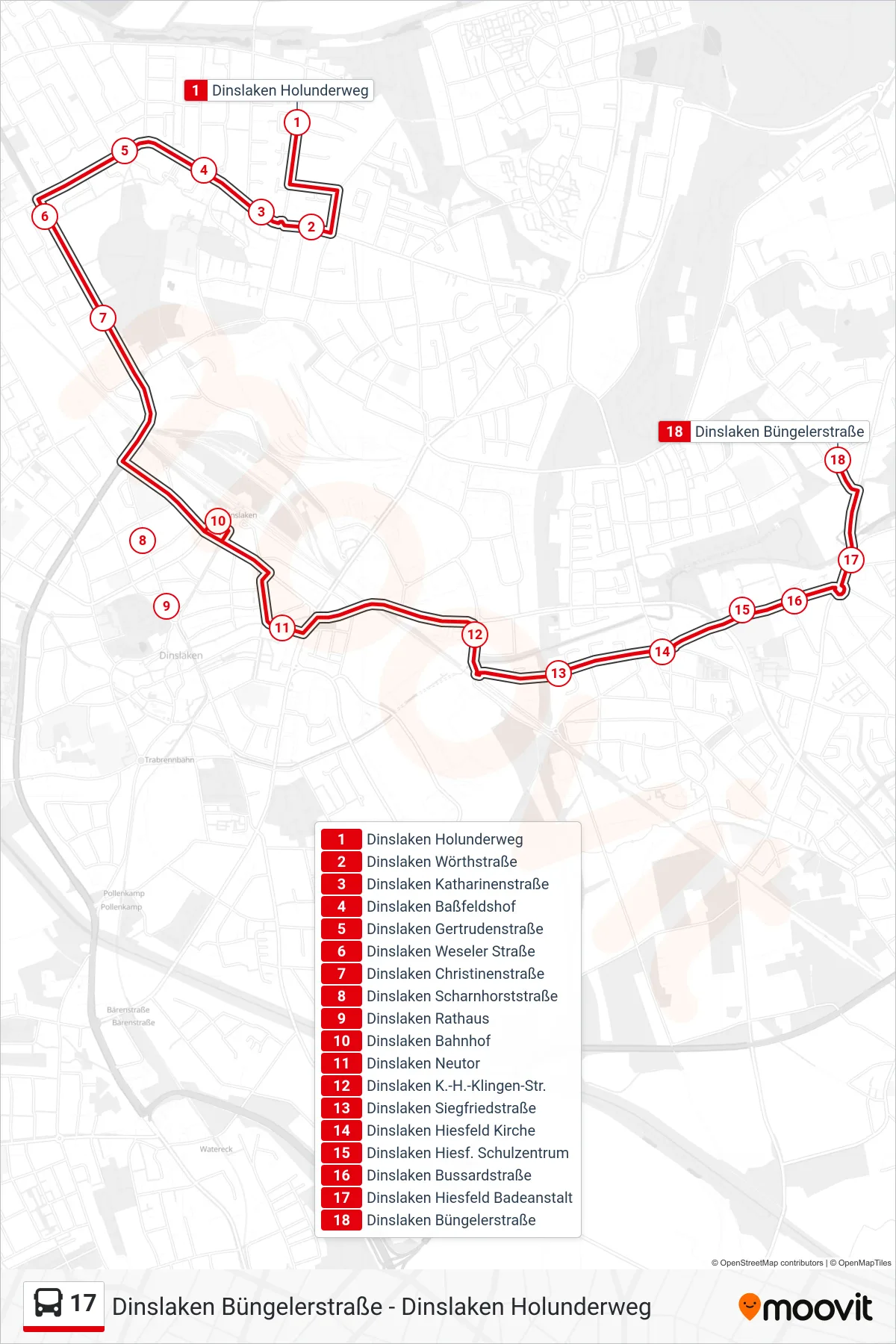 Linie 17 (Bus) Richtung Dinslaken Büngelerstraße: Route und Haltestellen auf der Karte