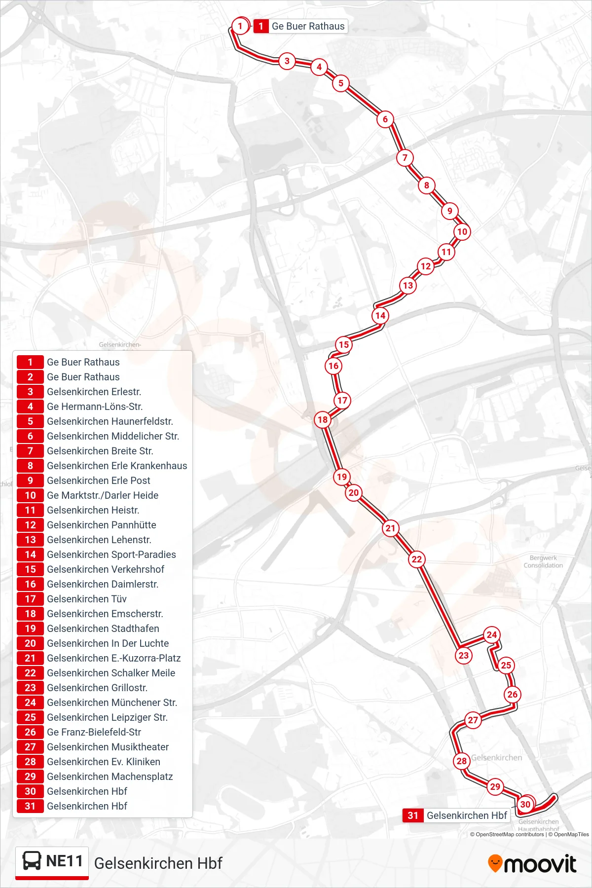 Linie NE11 (Bus) Richtung Gelsenkirchen Hbf: Route und Haltestellen auf der Karte