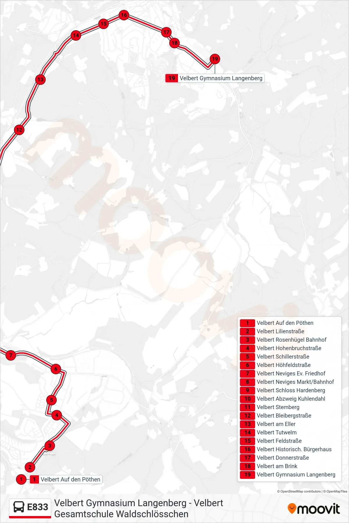 Linie E833 (Bus) Richtung Velbert Gymnasium Langenberg: Route und Haltestellen auf der Karte