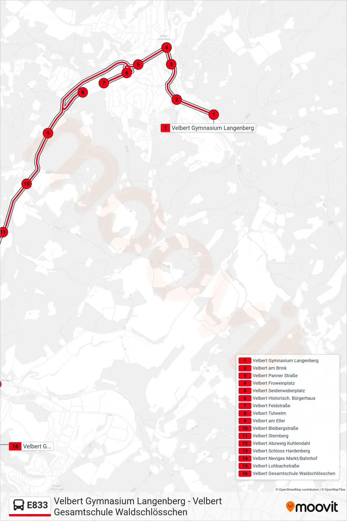 E833 bus Line (Velbert Gesamtschule Waldschlösschen) route and stops on a map
