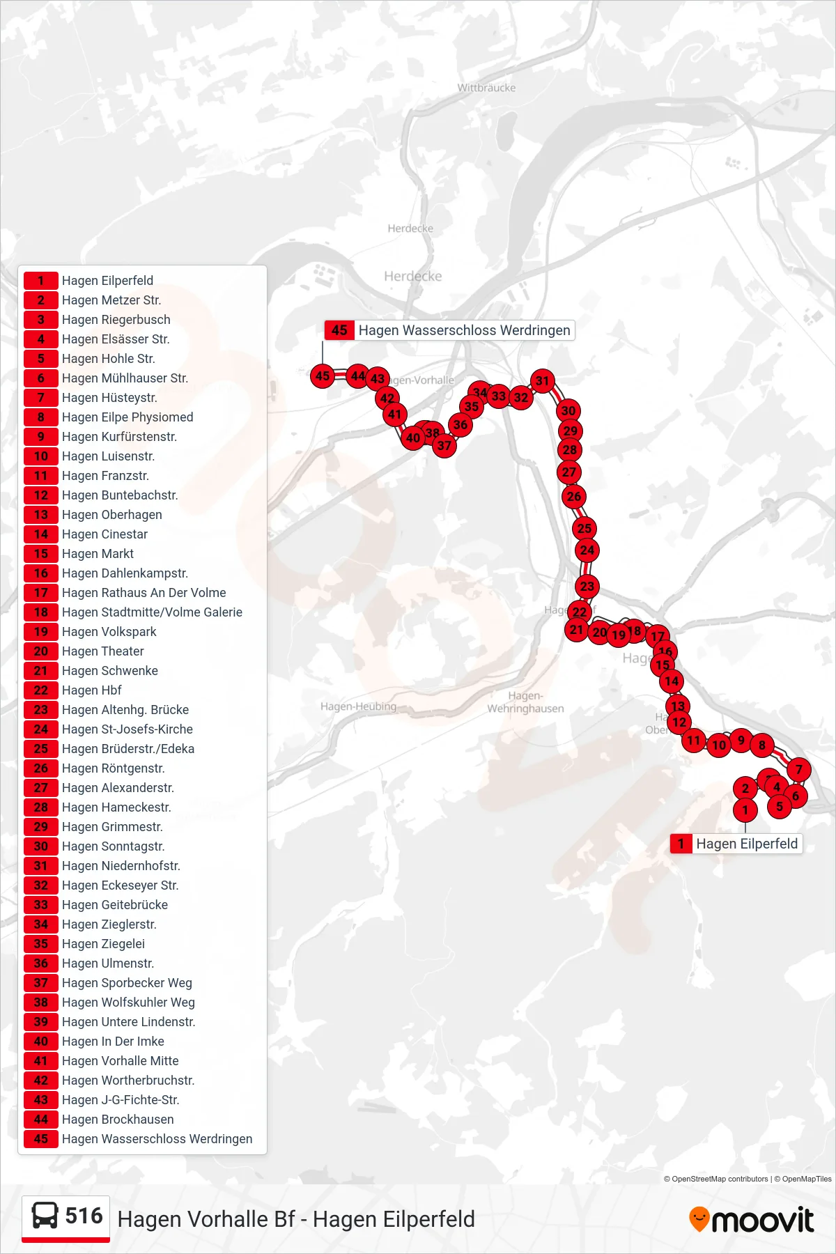 Linie 516 (Bus) Richtung Hagen Wasserschloss Werdringen: Route und Haltestellen auf der Karte