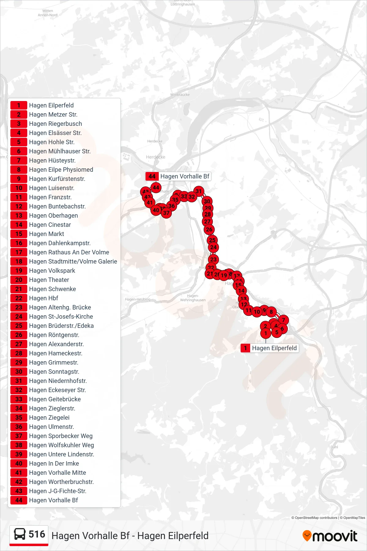 516 bus Line (Hagen Vorhalle Bf) route and stops on a map