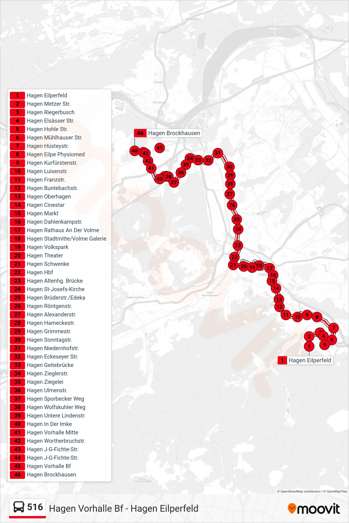 Linie 516 (Bus) Richtung Hagen Brockhausen: Route und Haltestellen auf der Karte