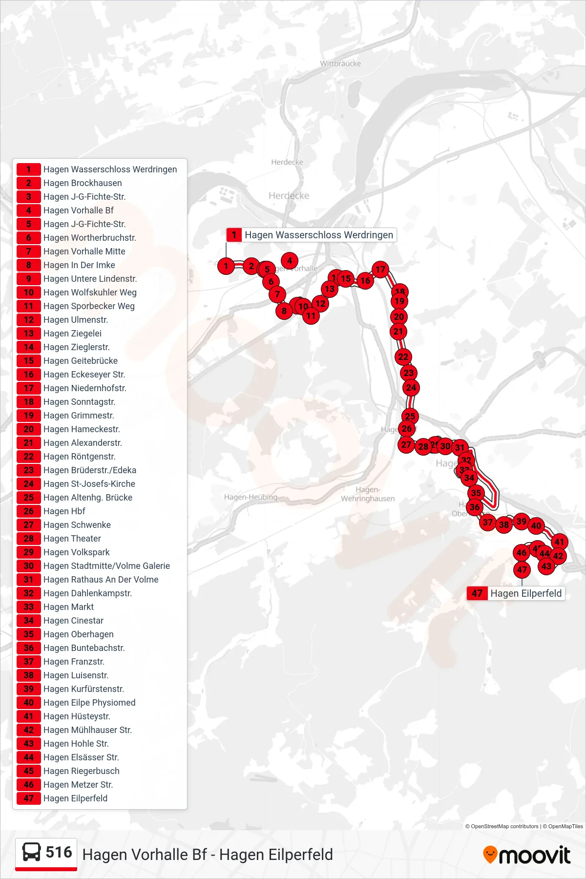 Linie 516 (Bus) Richtung Hagen Eilperfeld: Route und Haltestellen auf der Karte