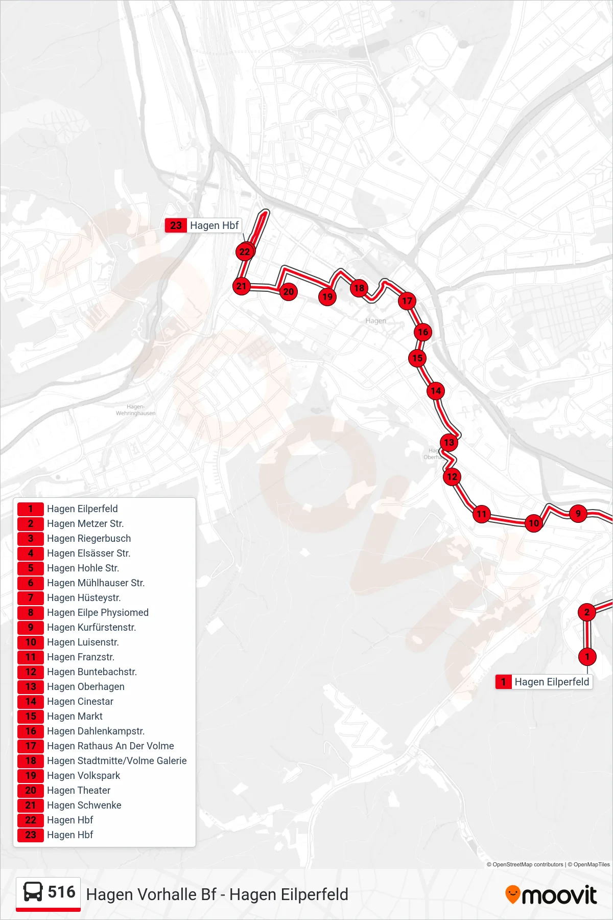 Linie 516 (Bus) Richtung Hagen Hbf: Route und Haltestellen auf der Karte