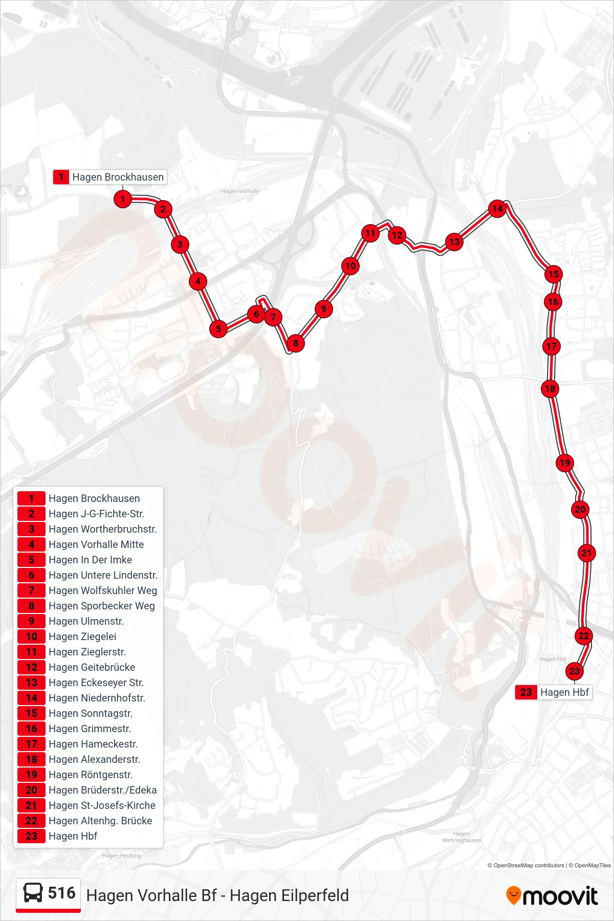 516 bus Line (Hagen Hbf) route and stops on a map