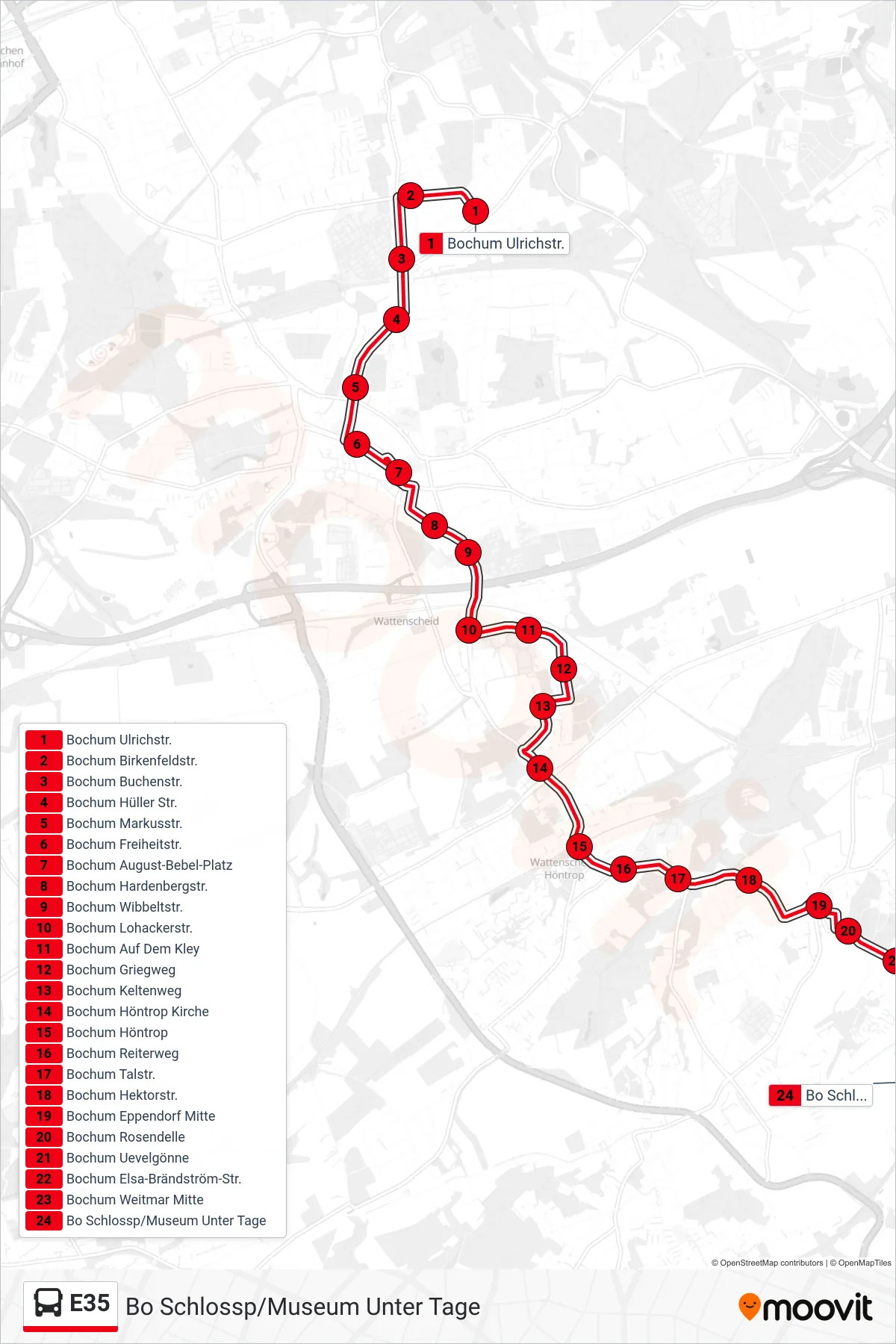 Linie E35 (Bus) Richtung Bo Schlossp/Museum Unter Tage: Route und Haltestellen auf der Karte