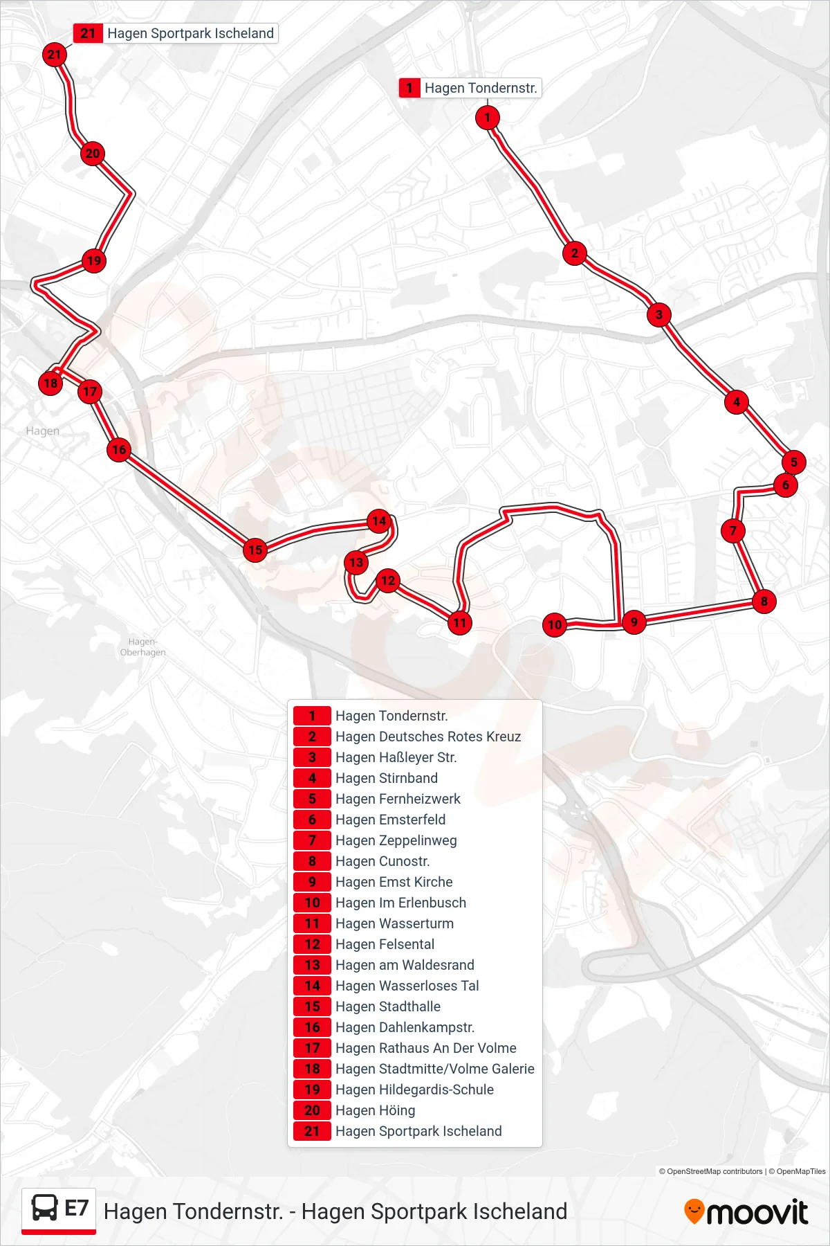 Linie E7 (Bus) Richtung Hagen Sportpark Ischeland: Route und Haltestellen auf der Karte
