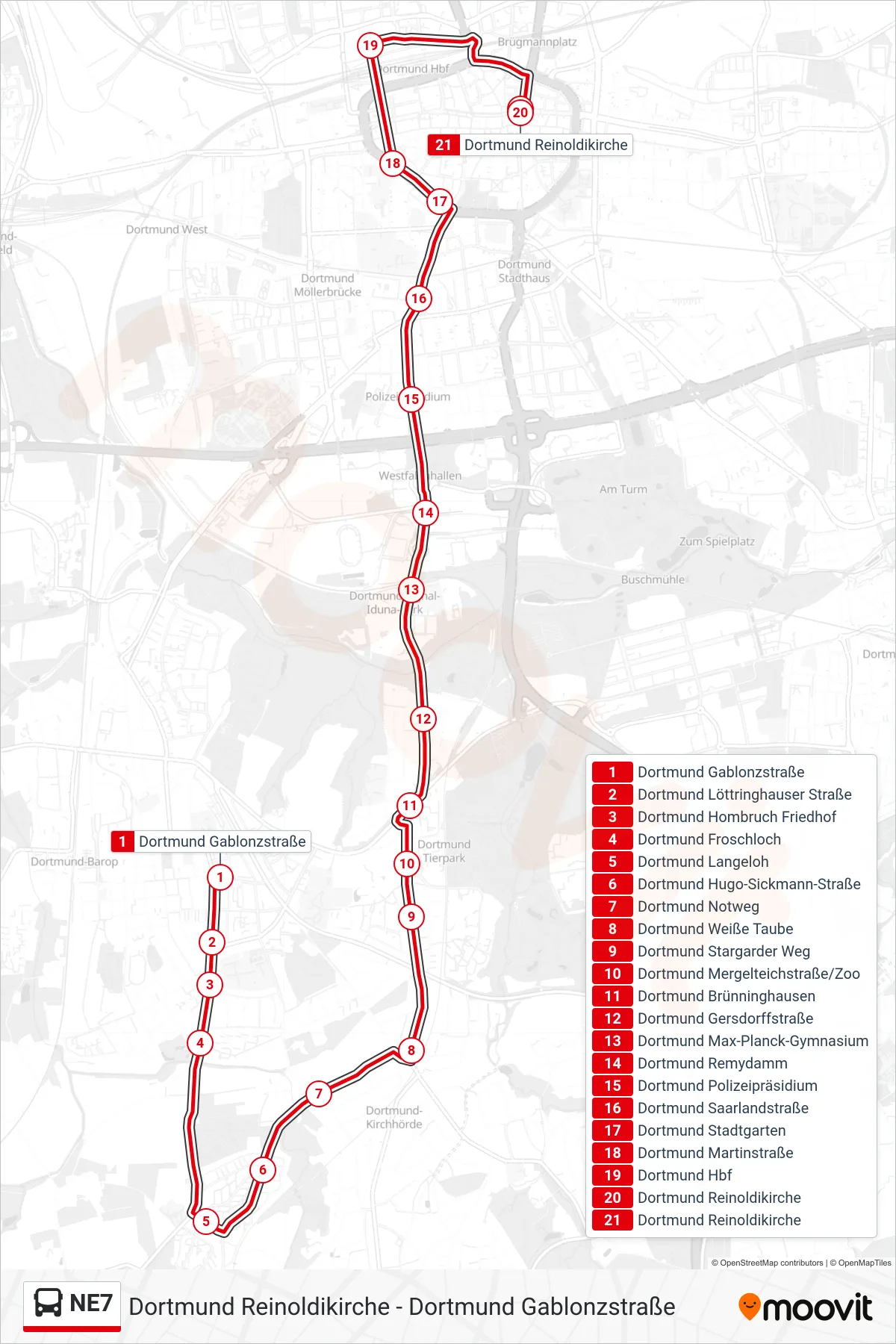 Linie NE7 (Bus) Richtung Dortmund Reinoldikirche: Route und Haltestellen auf der Karte