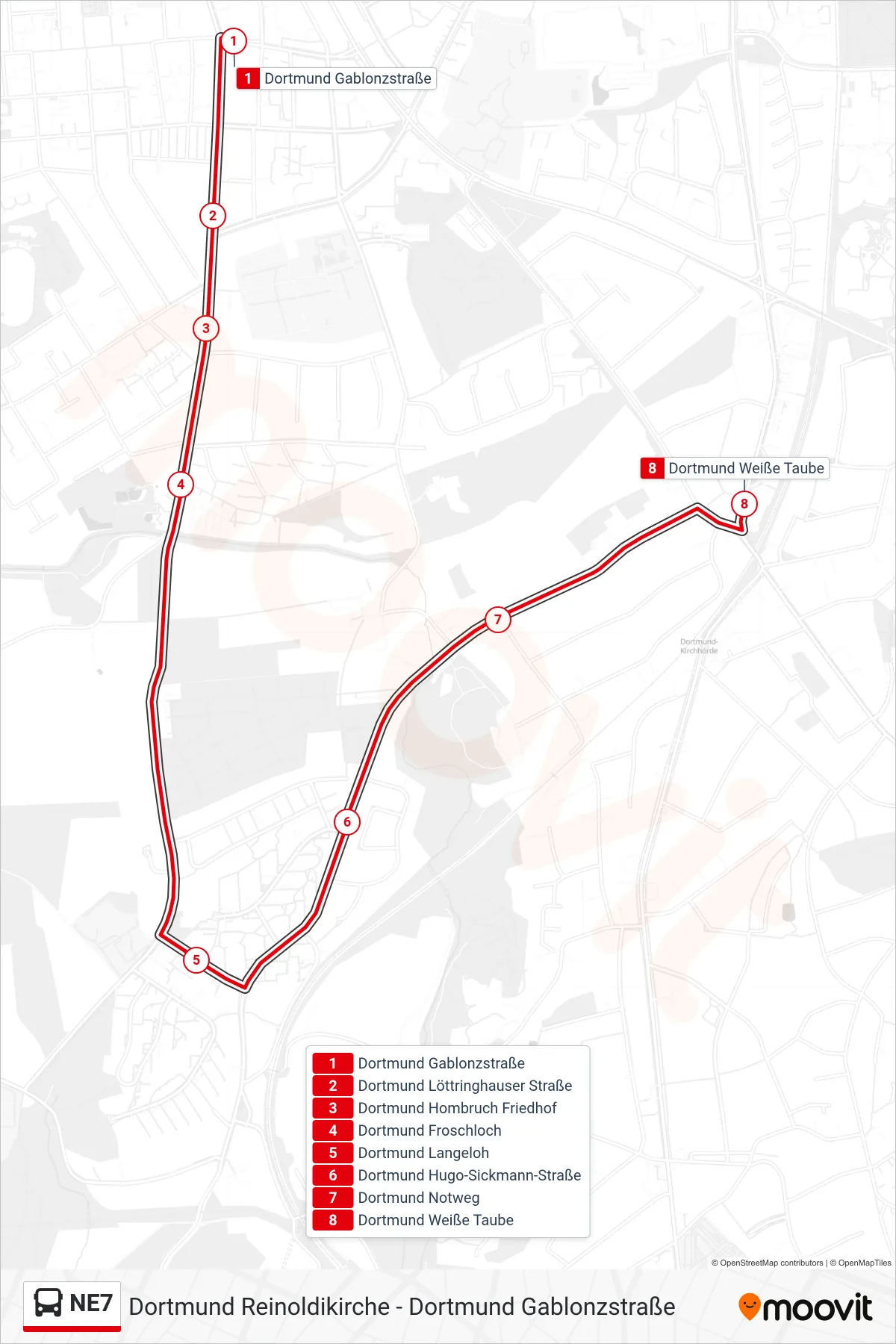 Linie NE7 (Bus) Richtung Dortmund Weiße Taube: Route und Haltestellen auf der Karte