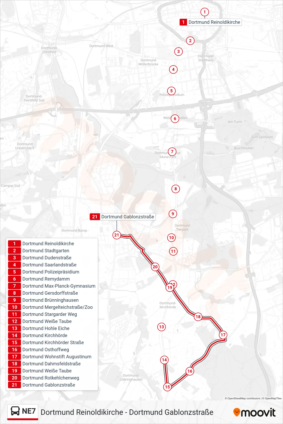 Linie NE7 (Bus) Richtung Dortmund Gablonzstraße: Route und Haltestellen auf der Karte