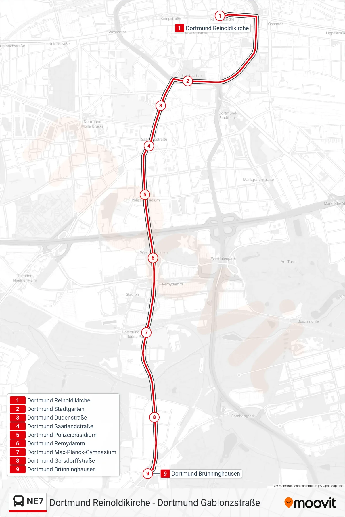 Linie NE7 (Bus) Richtung Dortmund Brünninghausen: Route und Haltestellen auf der Karte