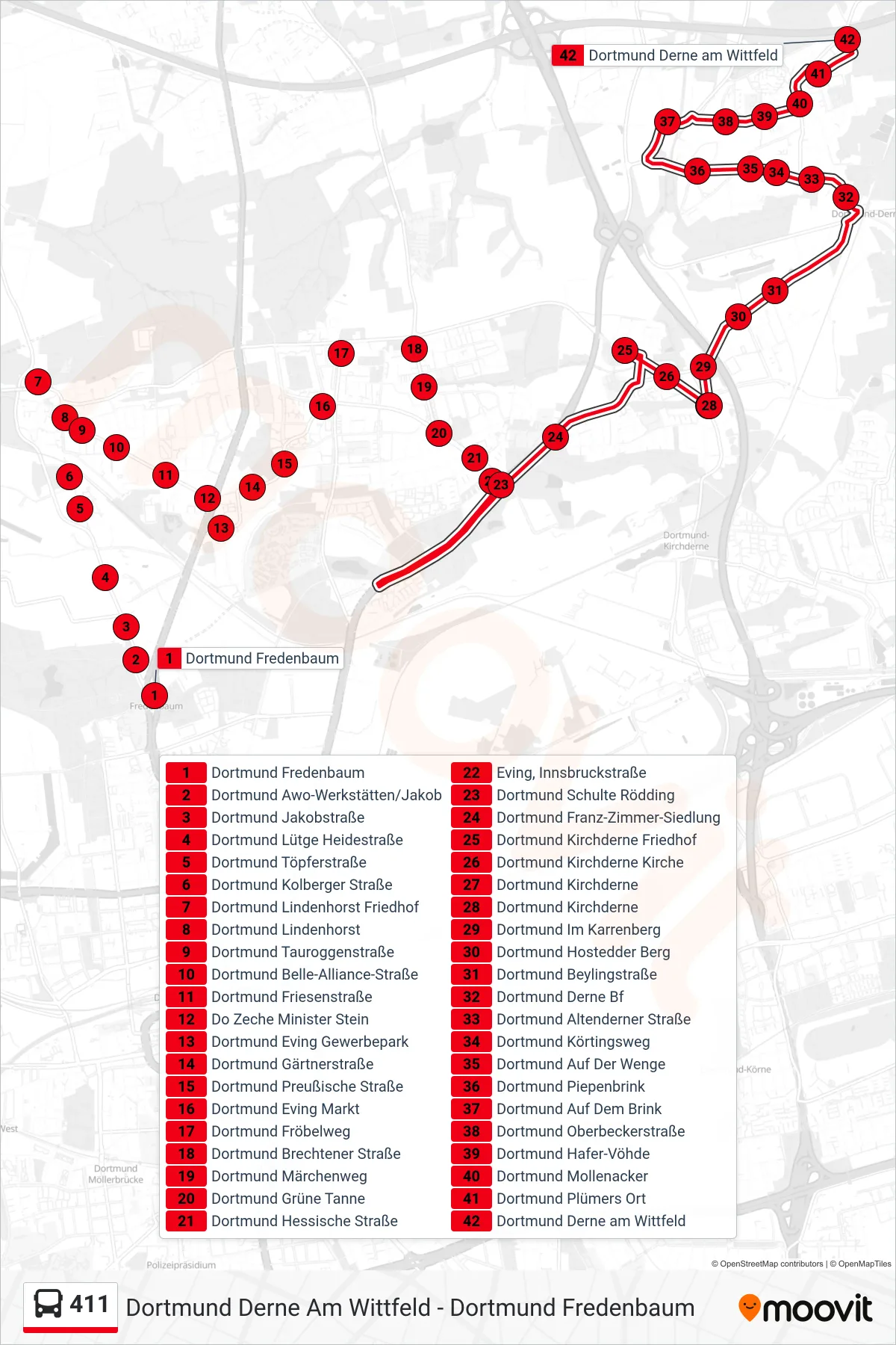 411 bus Line (Dortmund Derne am Wittfeld) route and stops on a map