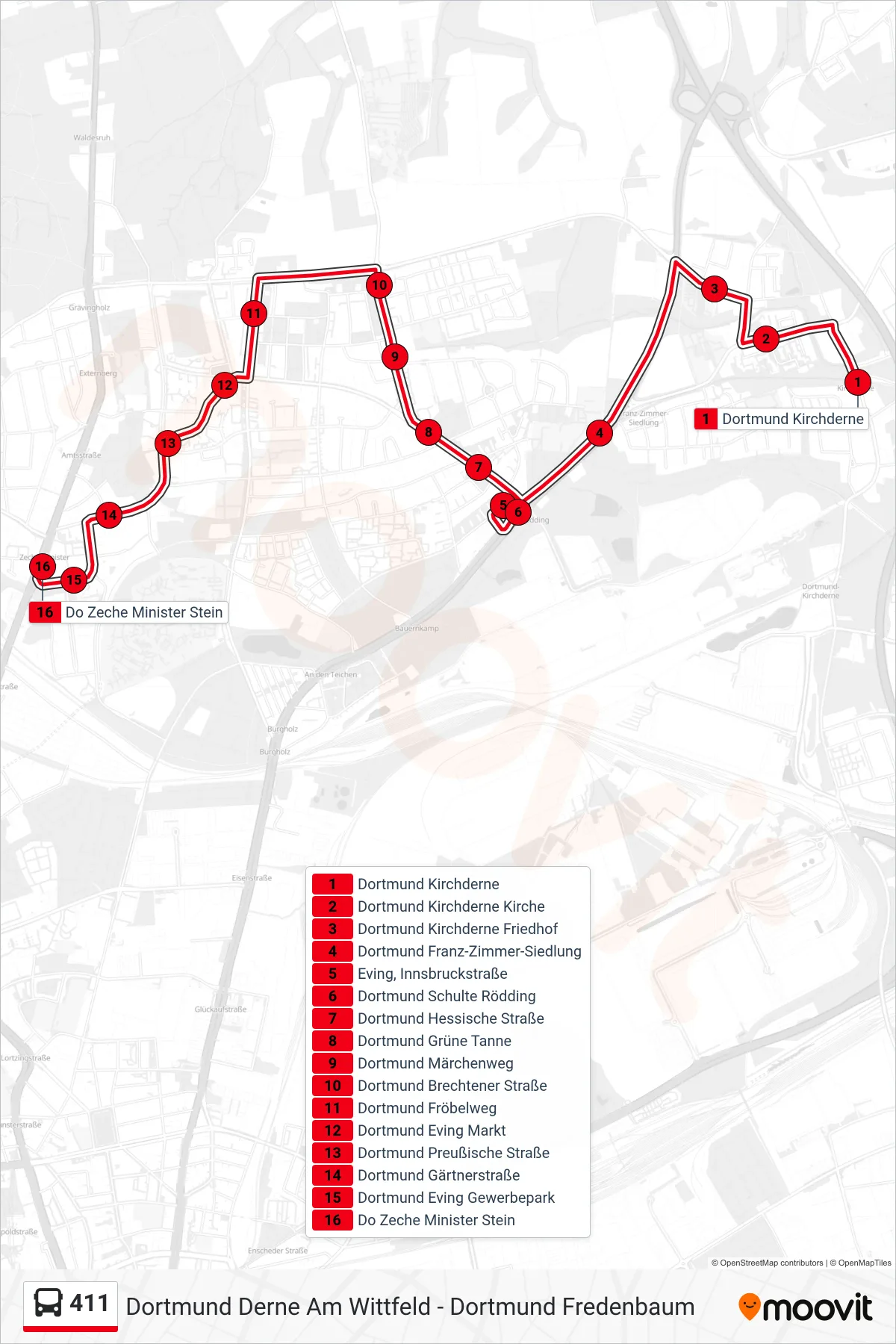 Linie 411 (Bus) Richtung Do Zeche Minister Stein: Route und Haltestellen auf der Karte