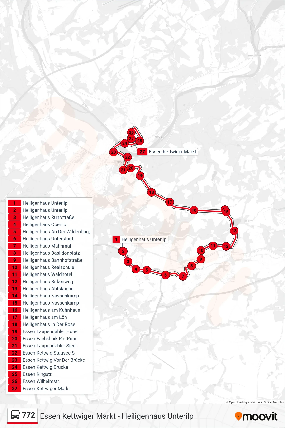 Linie 772 (Bus) Richtung Essen Kettwiger Markt: Route und Haltestellen auf der Karte