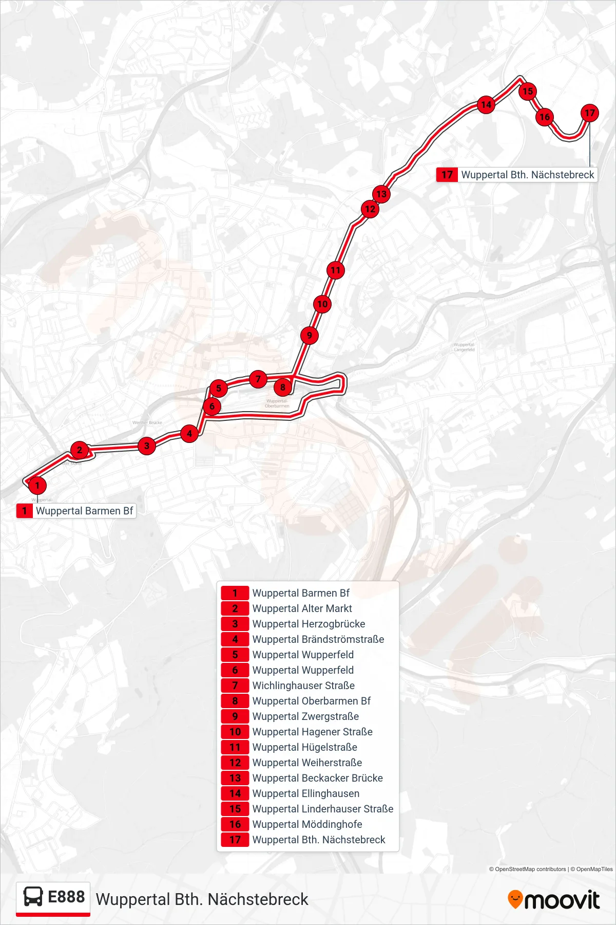Linie E888 (Bus) Richtung Wuppertal Bth. Nächstebreck: Route und Haltestellen auf der Karte