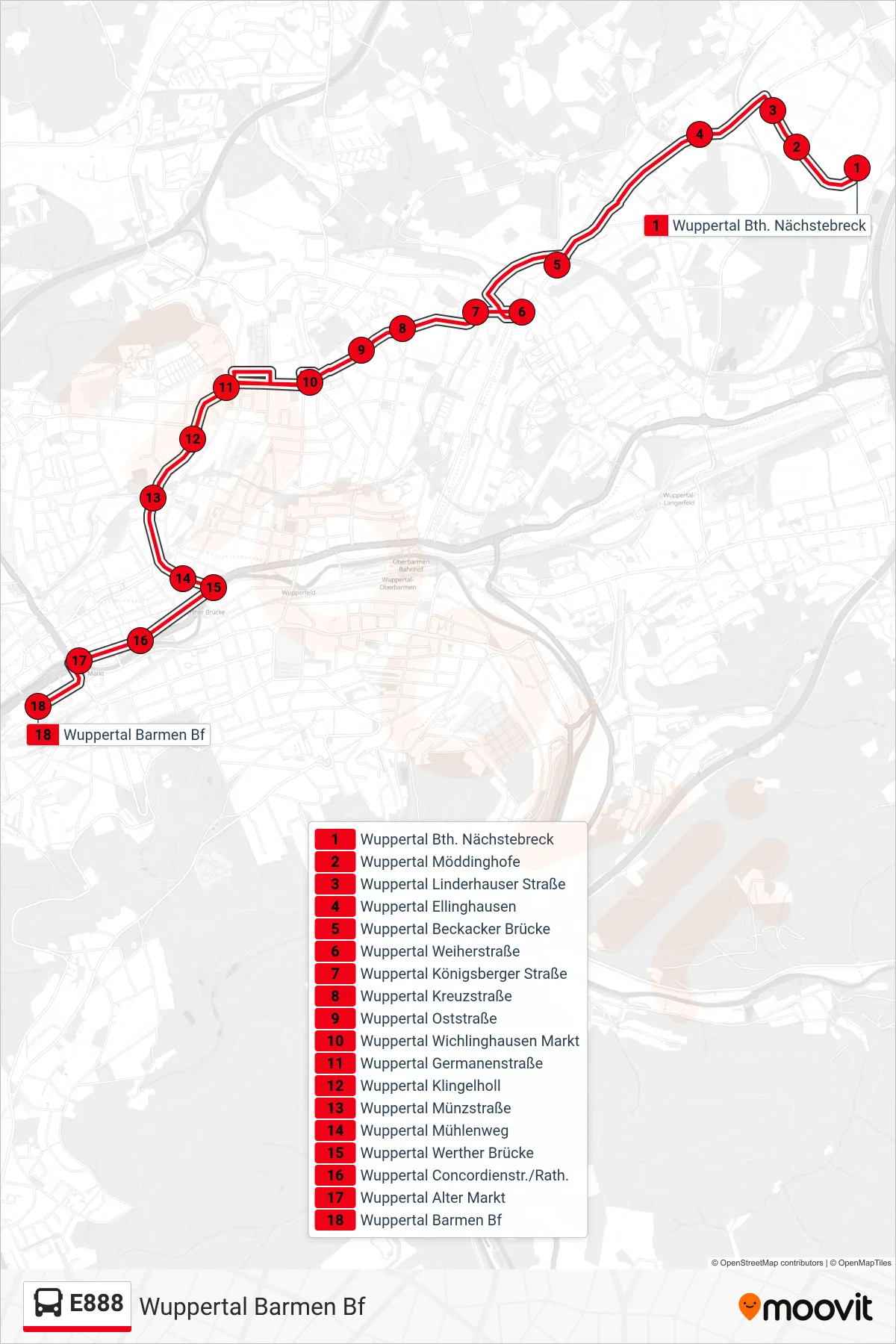 Linie E888 (Bus) Richtung Wuppertal Barmen Bf: Route und Haltestellen auf der Karte