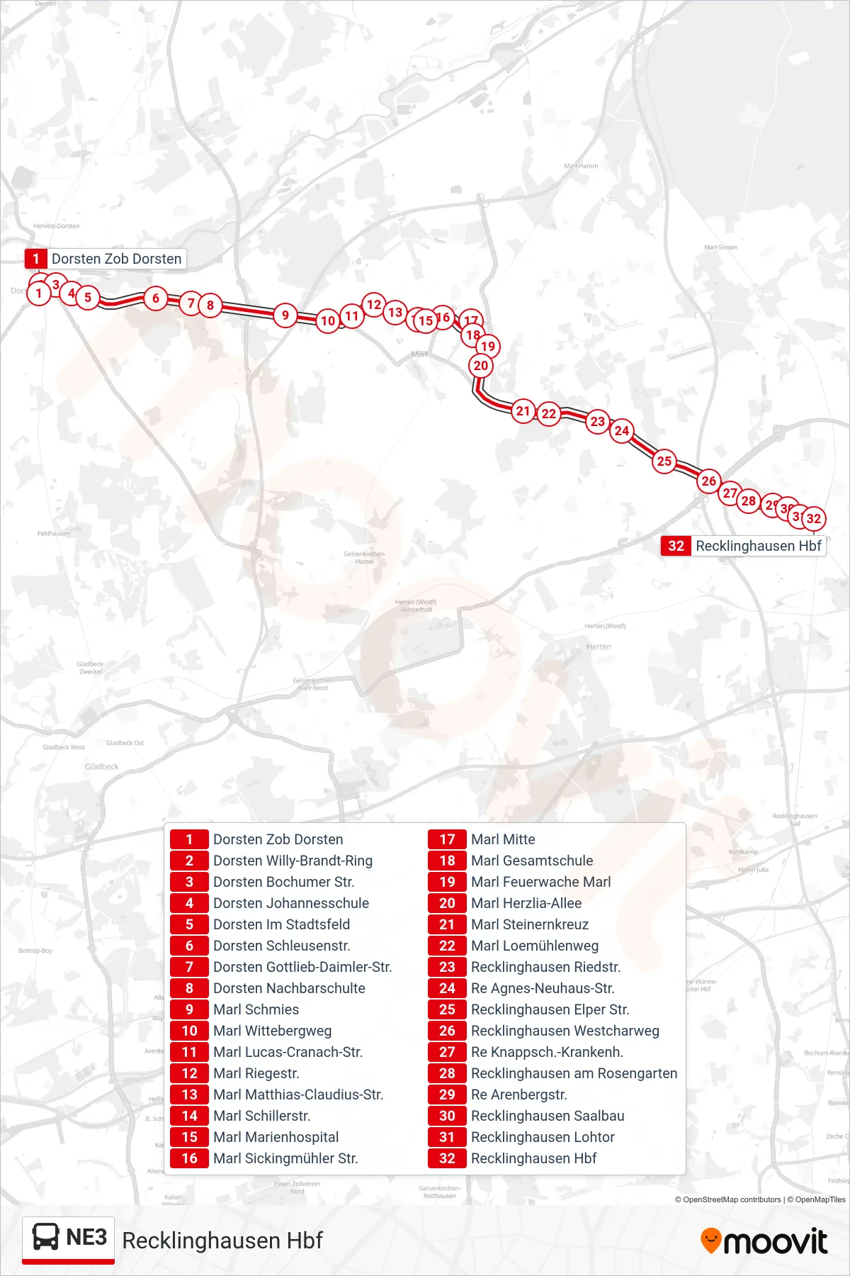 NE3 bus Line (Recklinghausen Hbf) route and stops on a map