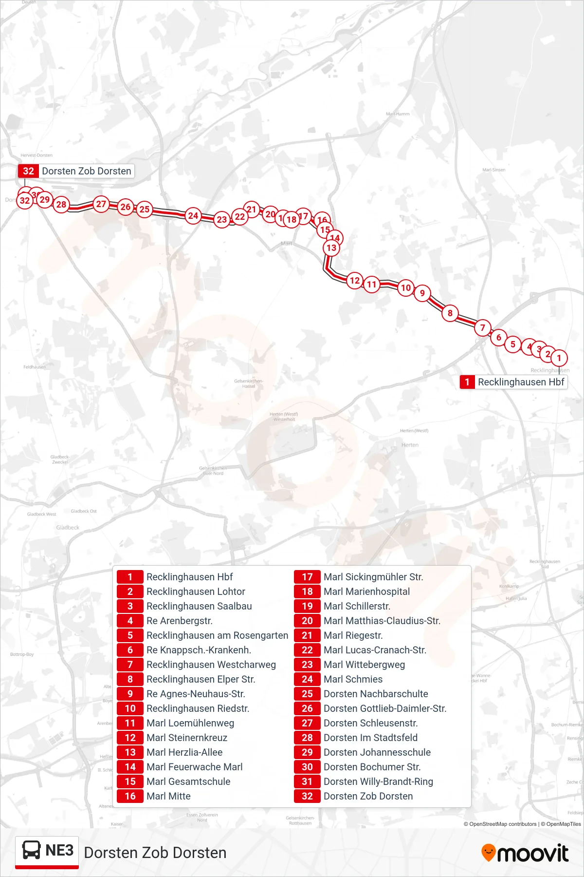 Linie NE3 (Bus) Richtung Dorsten Zob Dorsten: Route und Haltestellen auf der Karte