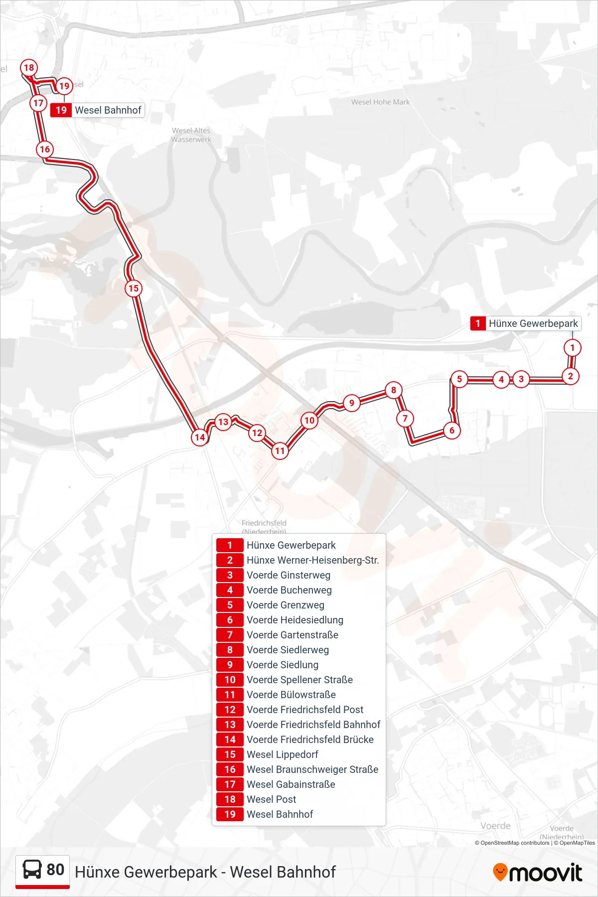 Linie 80 (Bus) Richtung Wesel Bahnhof: Route und Haltestellen auf der Karte