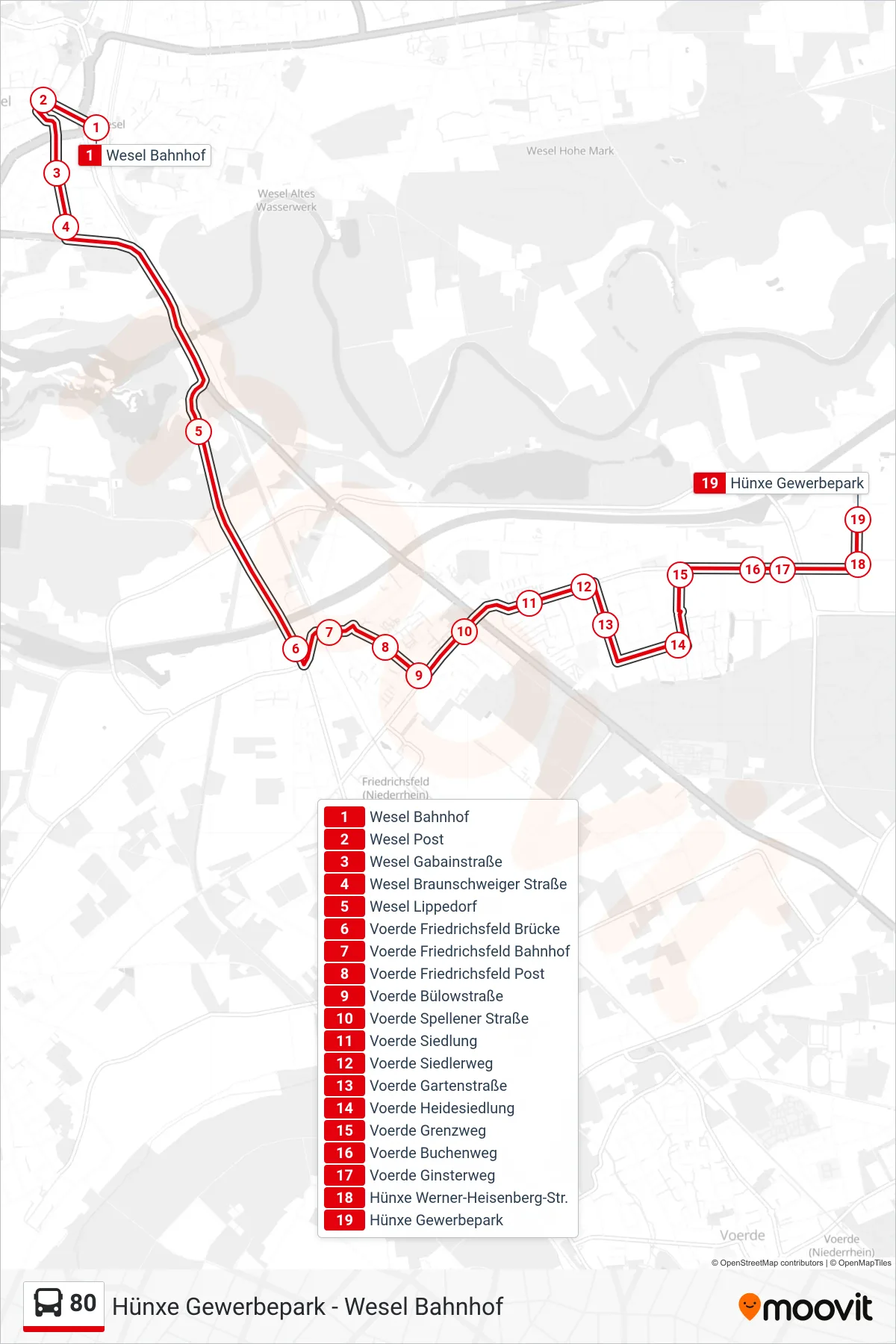 Linie 80 (Bus) Richtung Hünxe Gewerbepark: Route und Haltestellen auf der Karte
