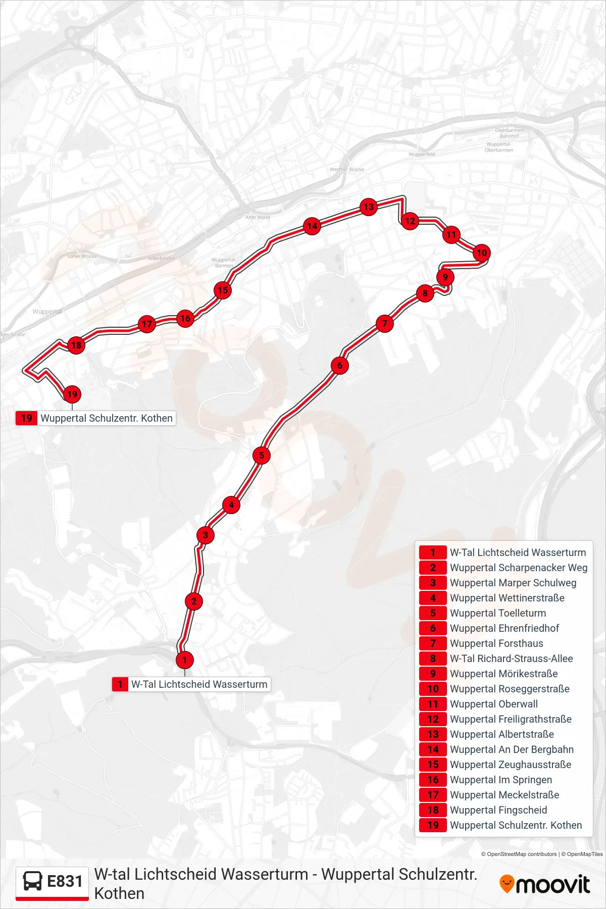 Linie E831 (Bus) Richtung Wuppertal Schulzentr. Kothen: Route und Haltestellen auf der Karte