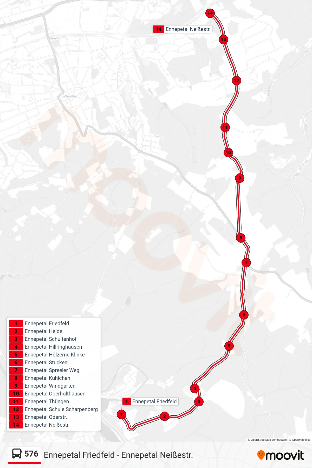 Linie 576 (Bus) Richtung Ennepetal Neißestr.: Route und Haltestellen auf der Karte
