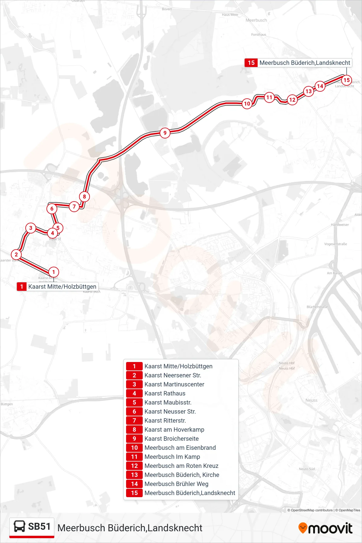 SB51 bus Line (Meerbusch Büderich,Landsknecht) route and stops on a map