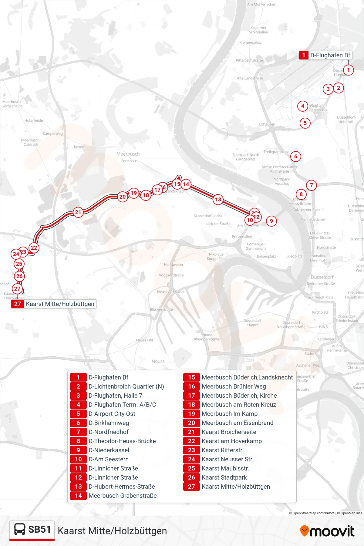 Linie SB51 (Bus) Richtung Kaarst Mitte/Holzbüttgen: Route und Haltestellen auf der Karte