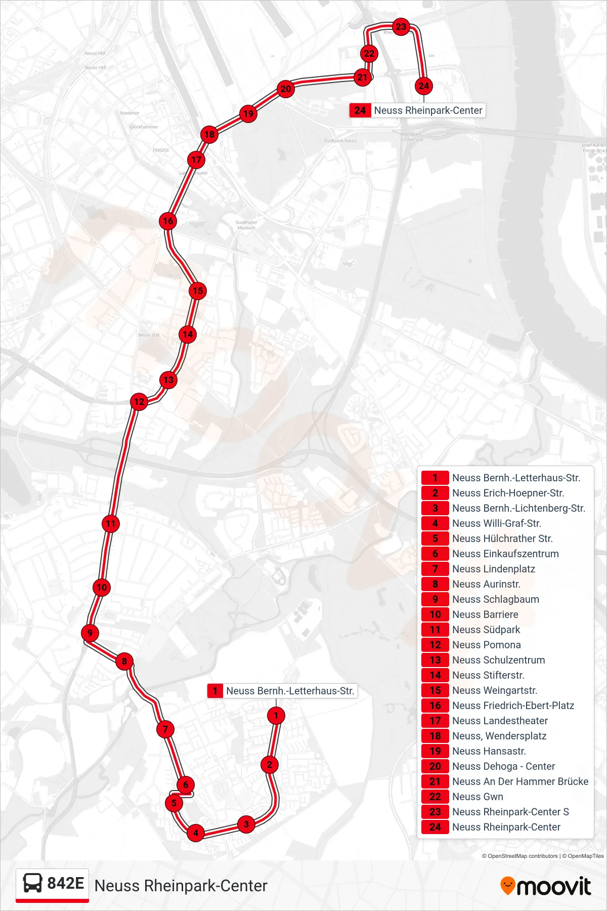 Linie 842E (Bus) Richtung Neuss Rheinpark-Center: Route und Haltestellen auf der Karte
